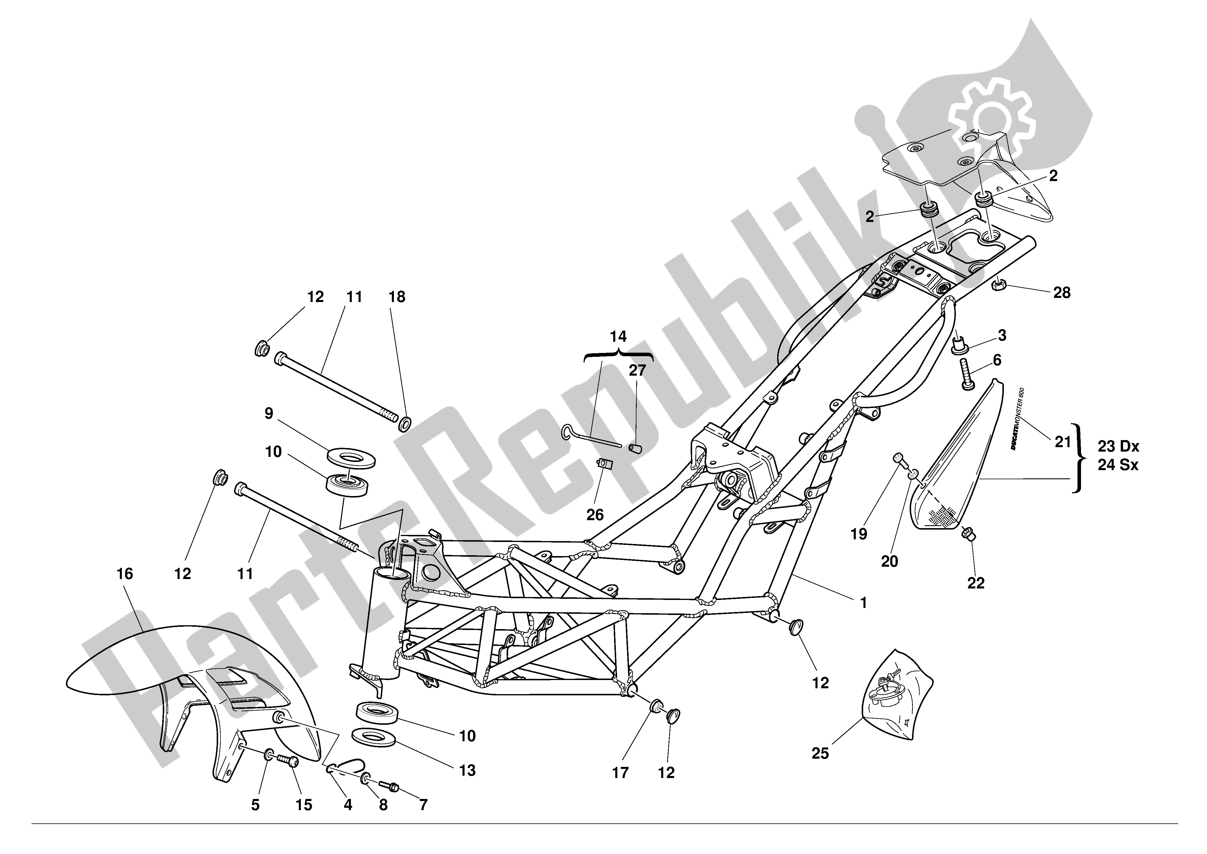 All parts for the Frame of the Ducati Monster 600 2001