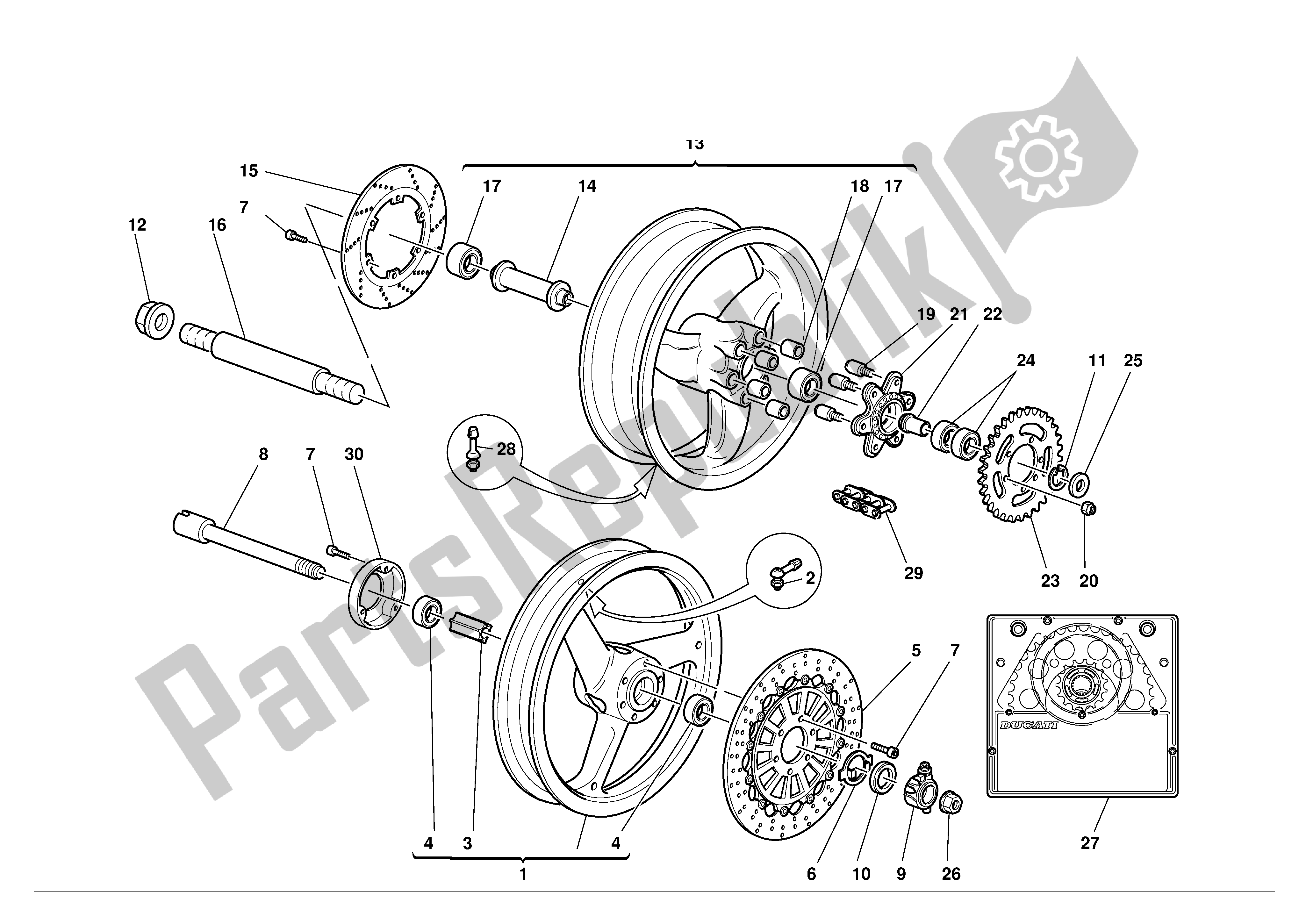 Alle onderdelen voor de Voor- En Achterwielen van de Ducati Monster 600 2001