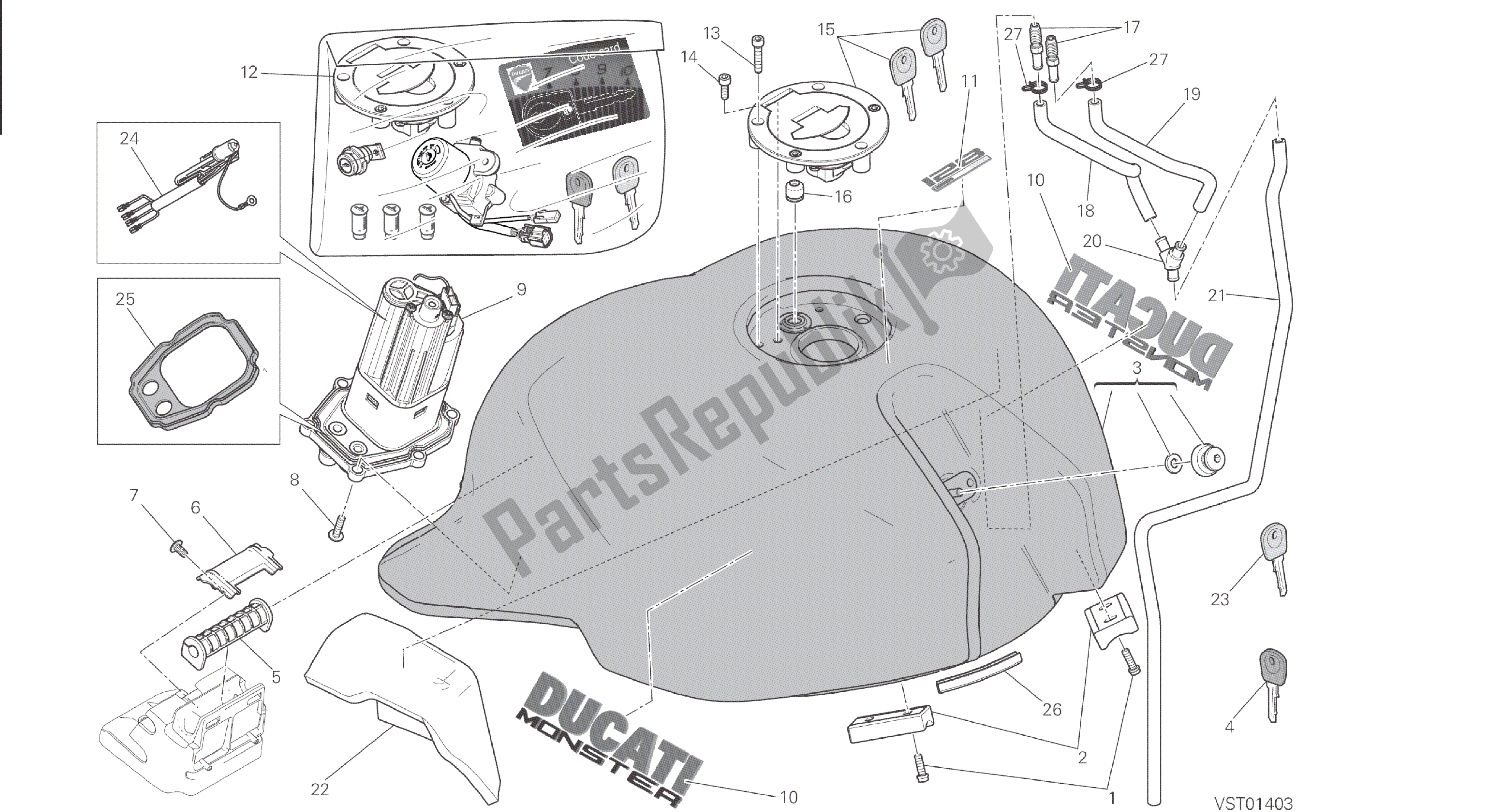 Alle onderdelen voor de Tekening 032 - Brandstoftank [mod: M 821; Xst: Aus, Eur, Fra, Jap] Groepsframe van de Ducati Monster 821 2015