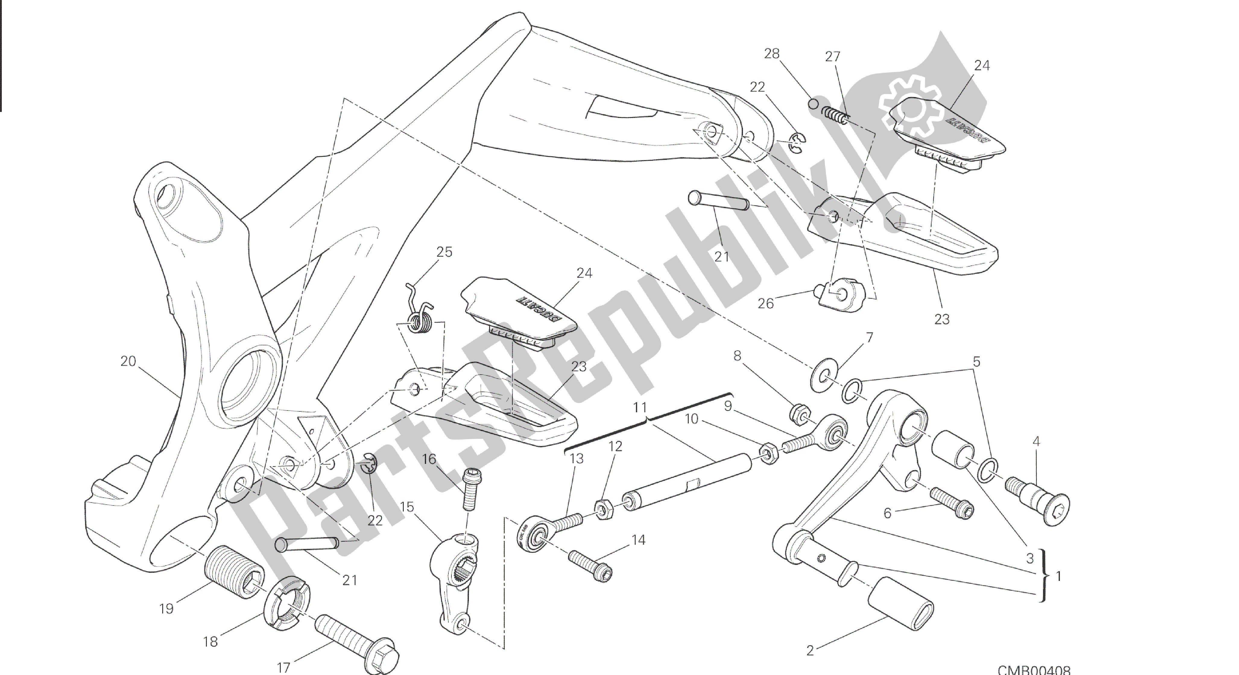 Alle onderdelen voor de Tekening 27a - Voetsteunen, Links [mod: M 821] Groepsframe van de Ducati Monster 821 2015