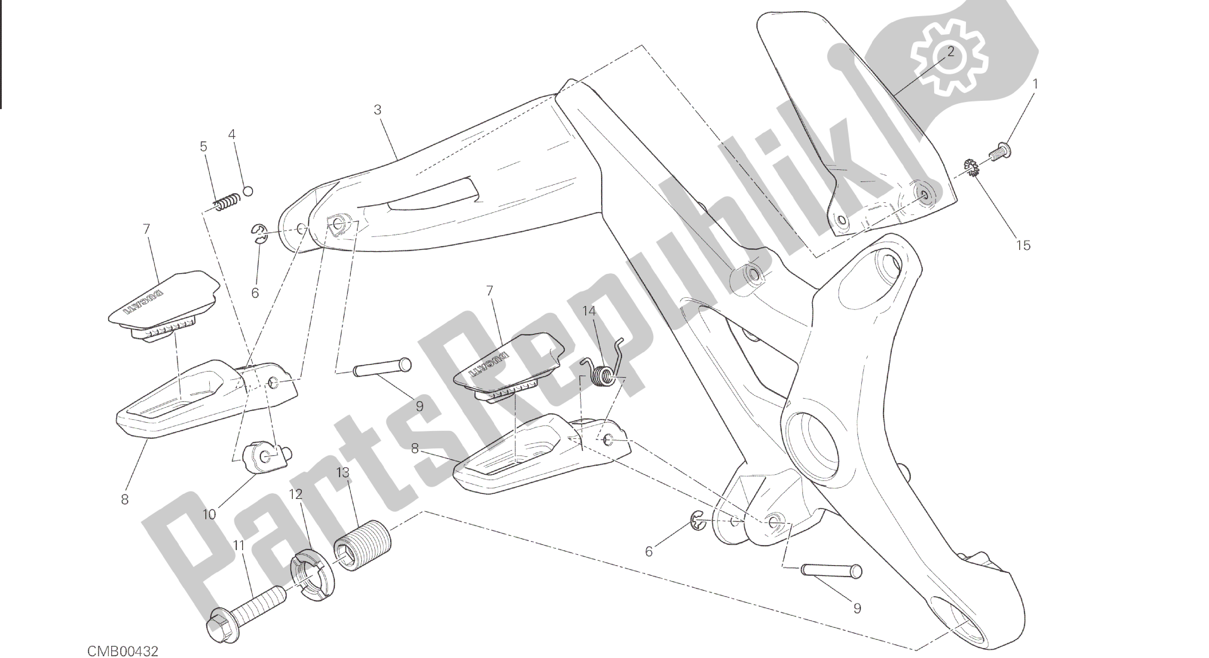 Alle onderdelen voor de Tekening 27b - Voetsteunen, Rechts [mod: M 821] Groepsframe van de Ducati Monster 821 2015