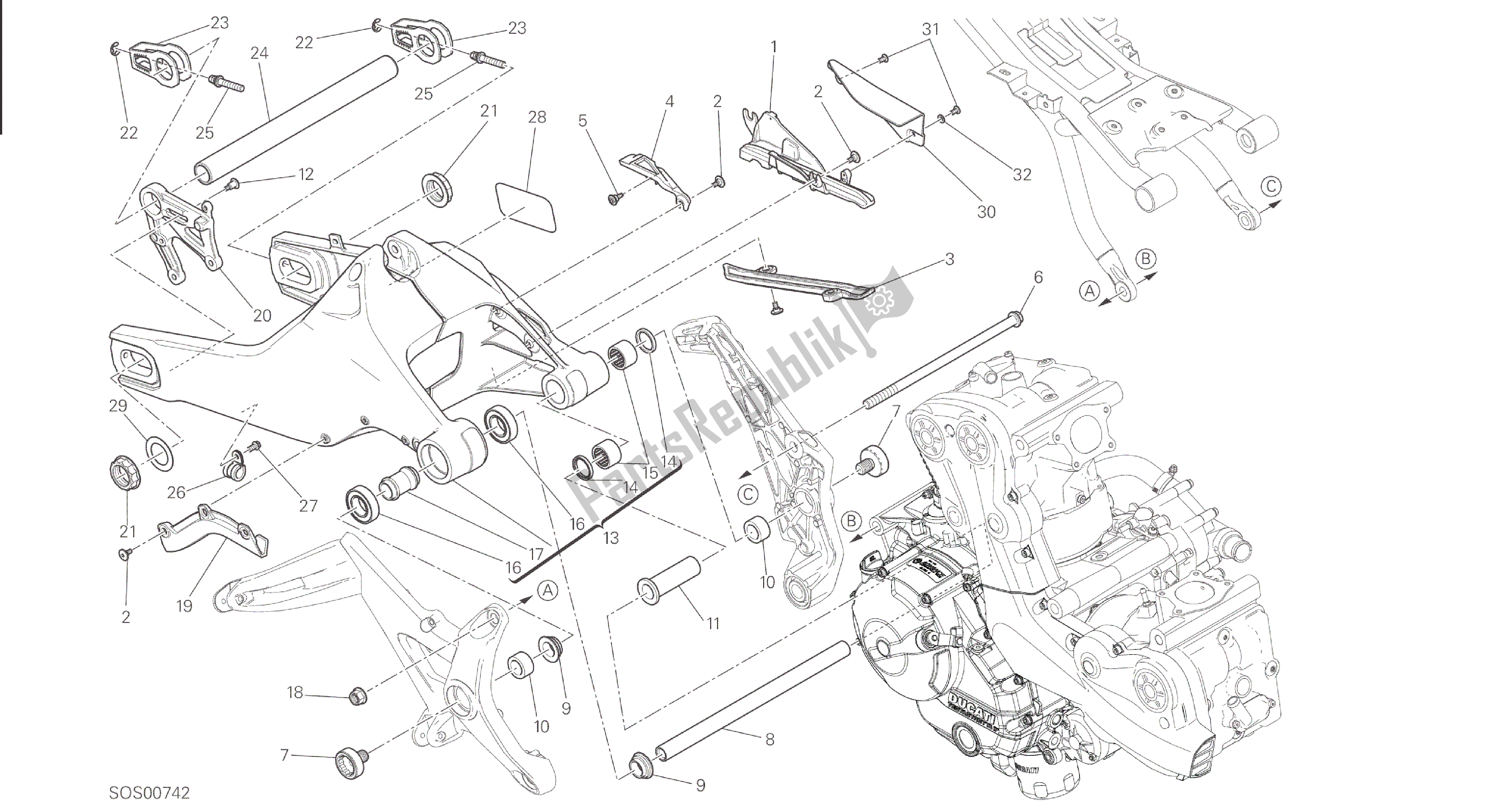 Alle onderdelen voor de Tekening 28a - Forcellone Posteriore [mod: M 821; Xst: Aus] Groepsframe van de Ducati Monster 821 2015