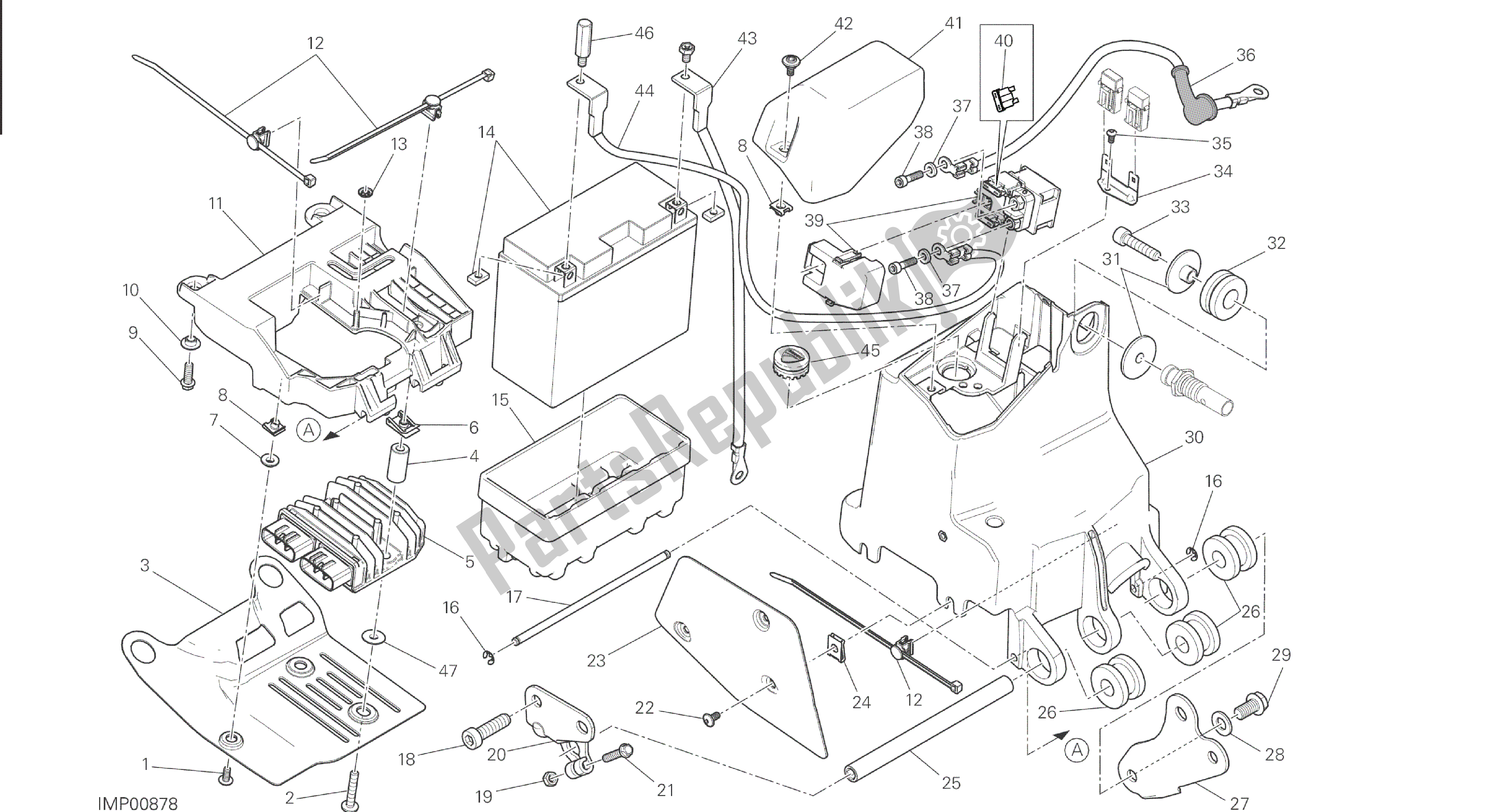 Alle onderdelen voor de Tekening 018 - Batterijhouder [mod: M 821] Groep Elektrisch van de Ducati Monster 821 2015