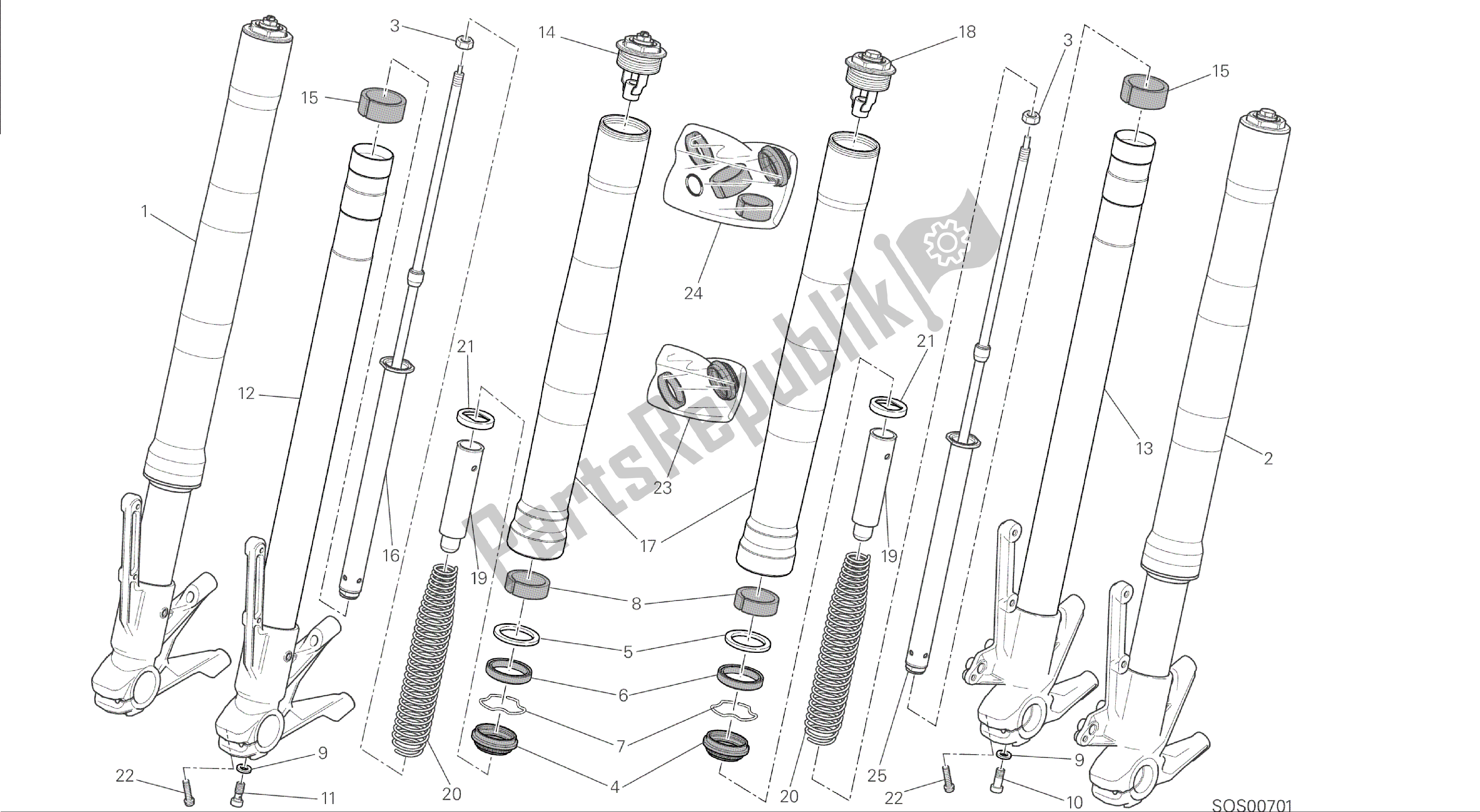 Todas as partes de Desenho 21a - Forquilha Dianteira [mod: M 1200; Xst: Aus, Eur, Fra, Jap] Quadro De Grupo do Ducati Monster 1200 2014