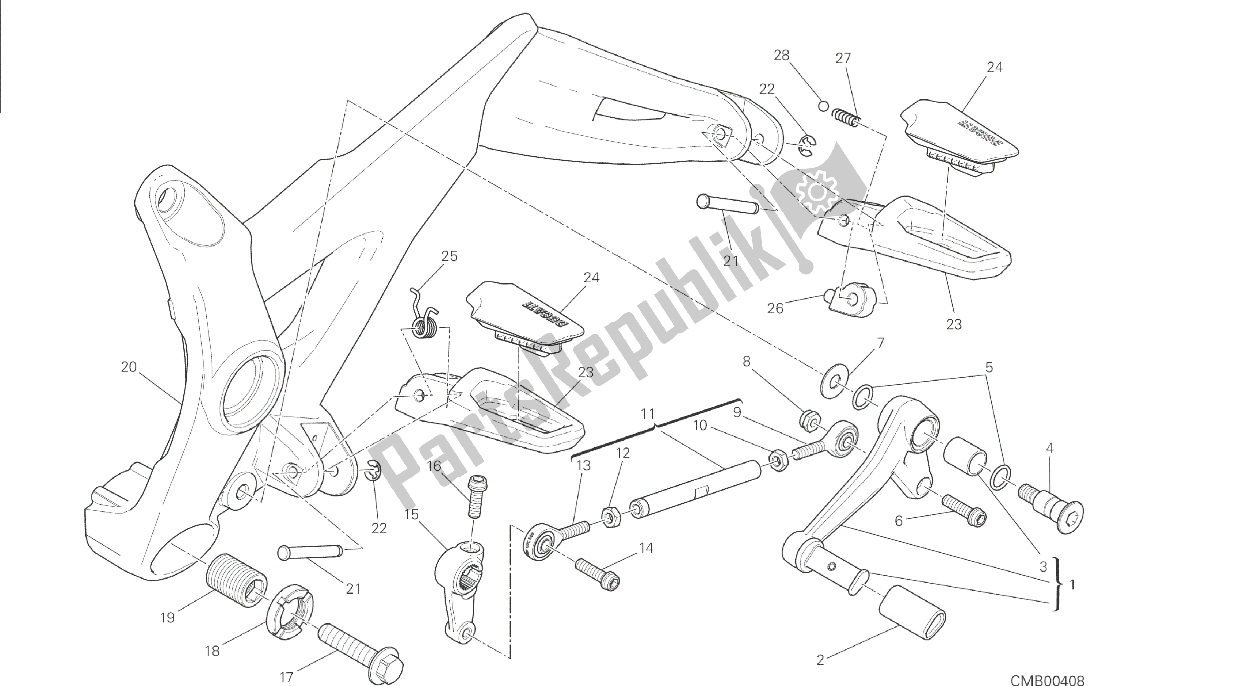 Tutte le parti per il Disegno 27a - Poggiapiedi, Cornice Gruppo Sinistra [mod: M 1200] del Ducati Monster 1200 2014