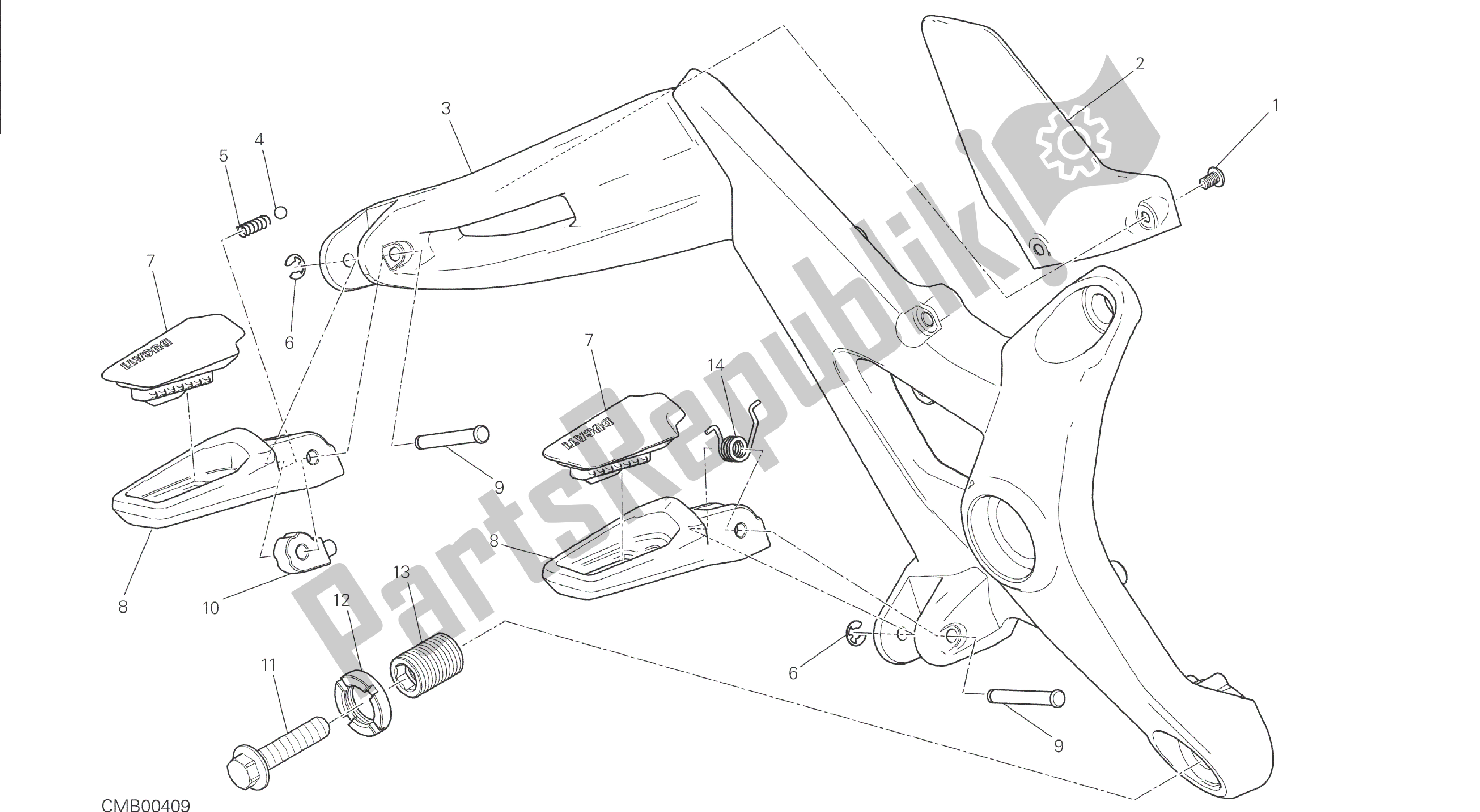 Todas las partes para Dibujo 27b - Reposapiés, Marco De Grupo Derecho [mod: M 1200] de Ducati Monster 1200 2014