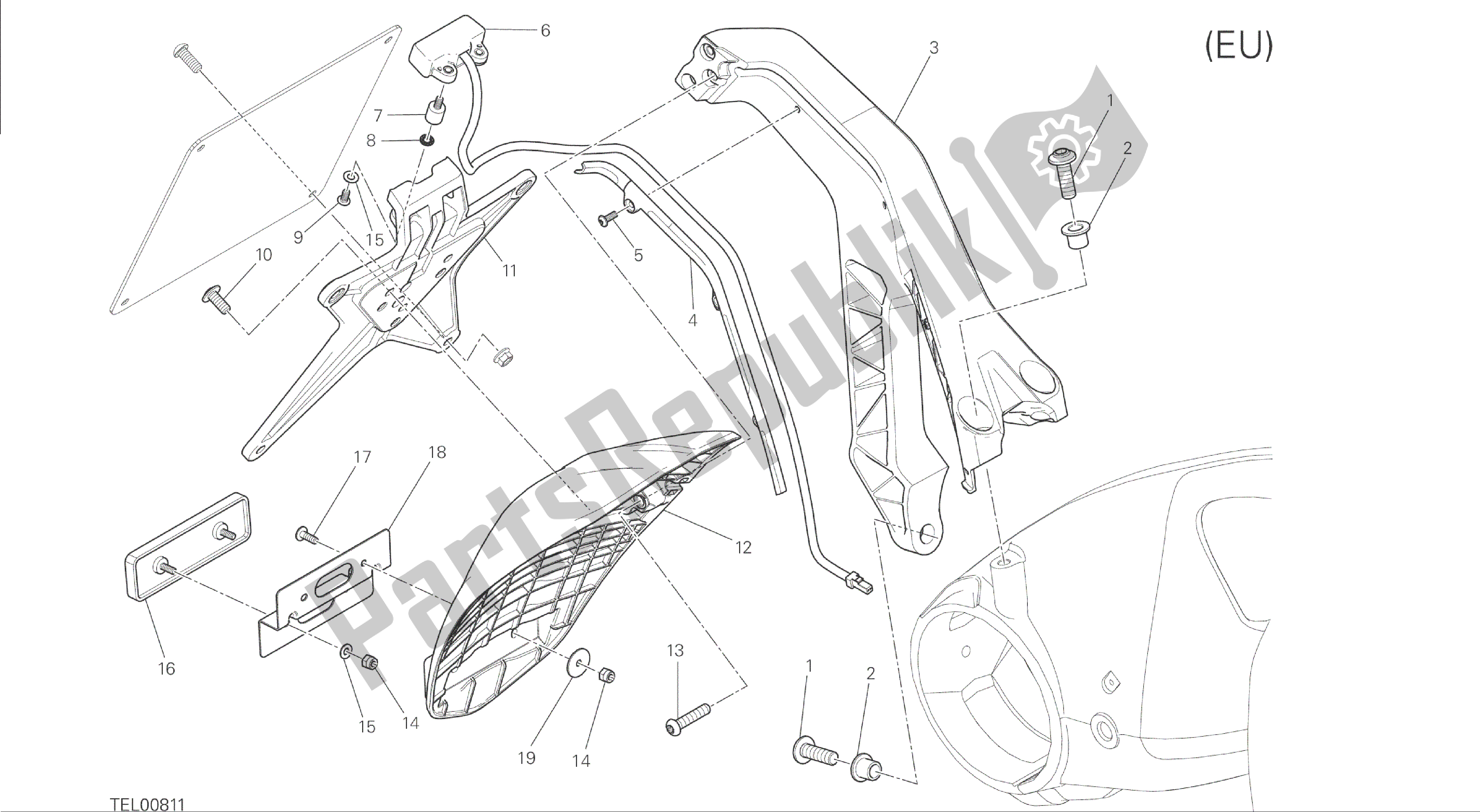 Tutte le parti per il Disegno 28b - Portatarga [mod: M 1200; Xst: Eur, Fra, Jap] Gruppo Elettrico del Ducati Monster 1200 2014
