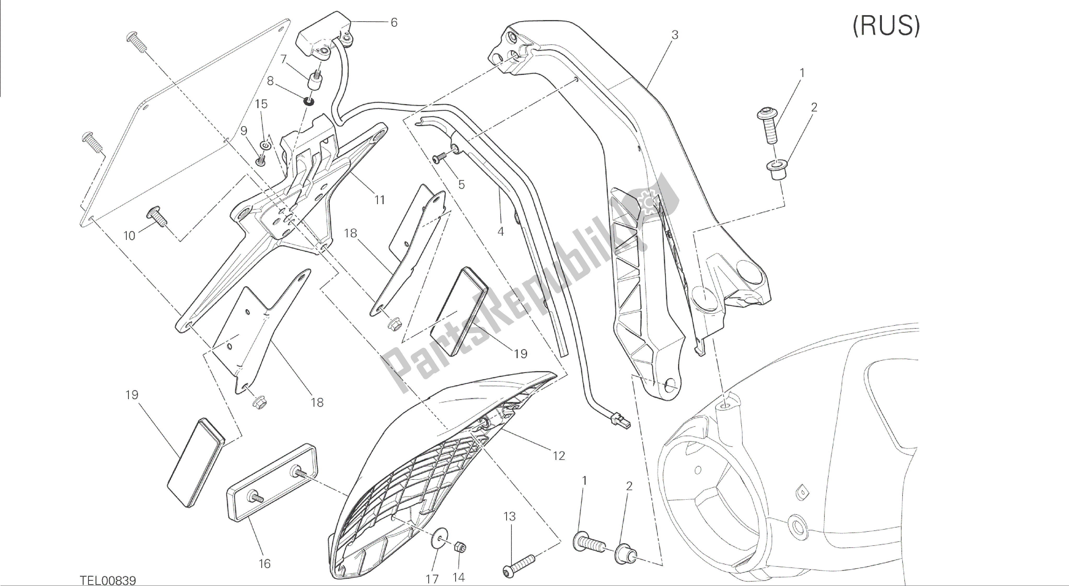 Tutte le parti per il Disegno 28b - Portatarga [mod: M 1200; Xst: Eur] Gruppo Elettrico del Ducati Monster 1200 2014