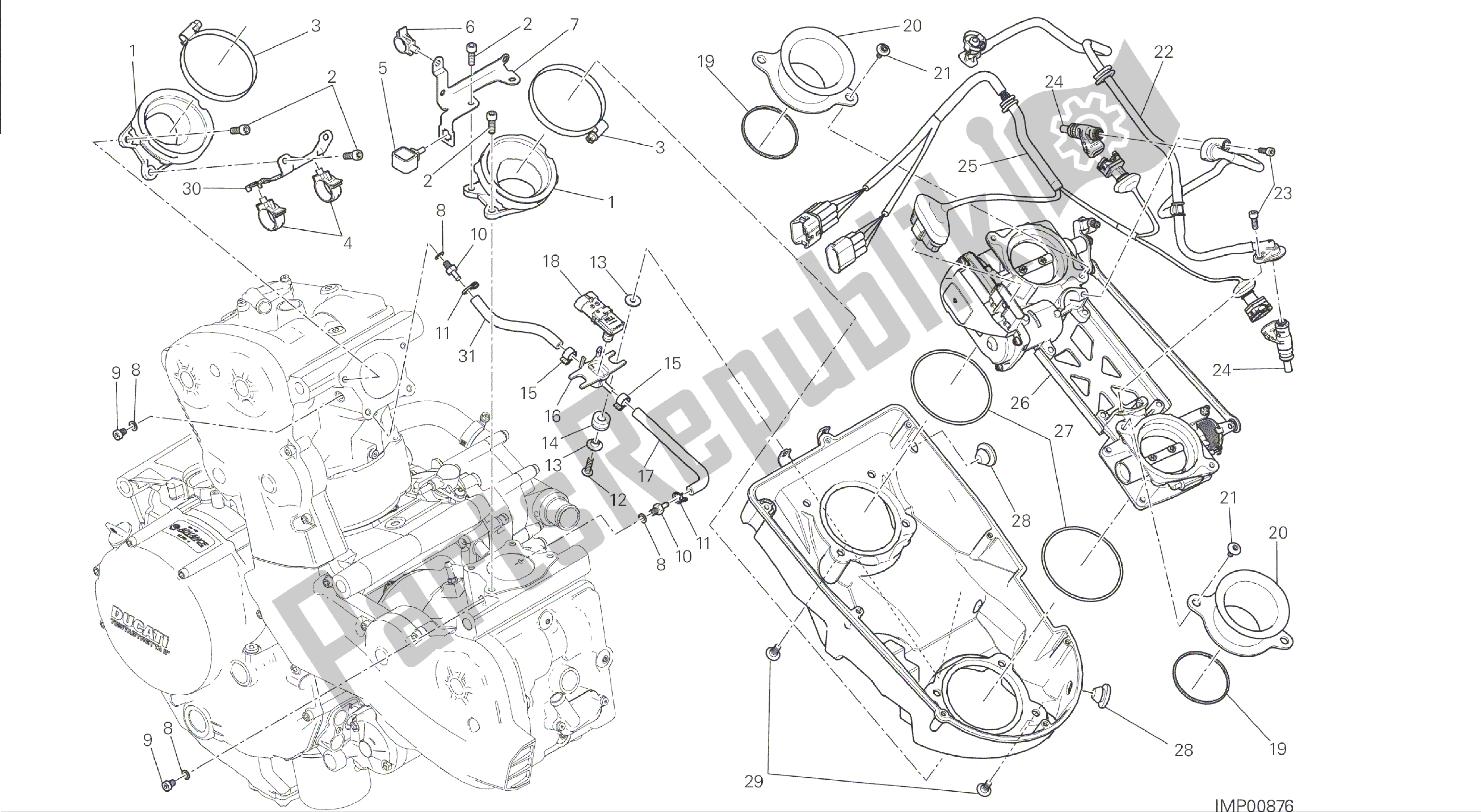 Alle onderdelen voor de Tekening 017 - Gasklephuis [mod: M 1200; Xst: Aus, Eur, Fra, Jap] Groepsframe van de Ducati Monster 1200 2014