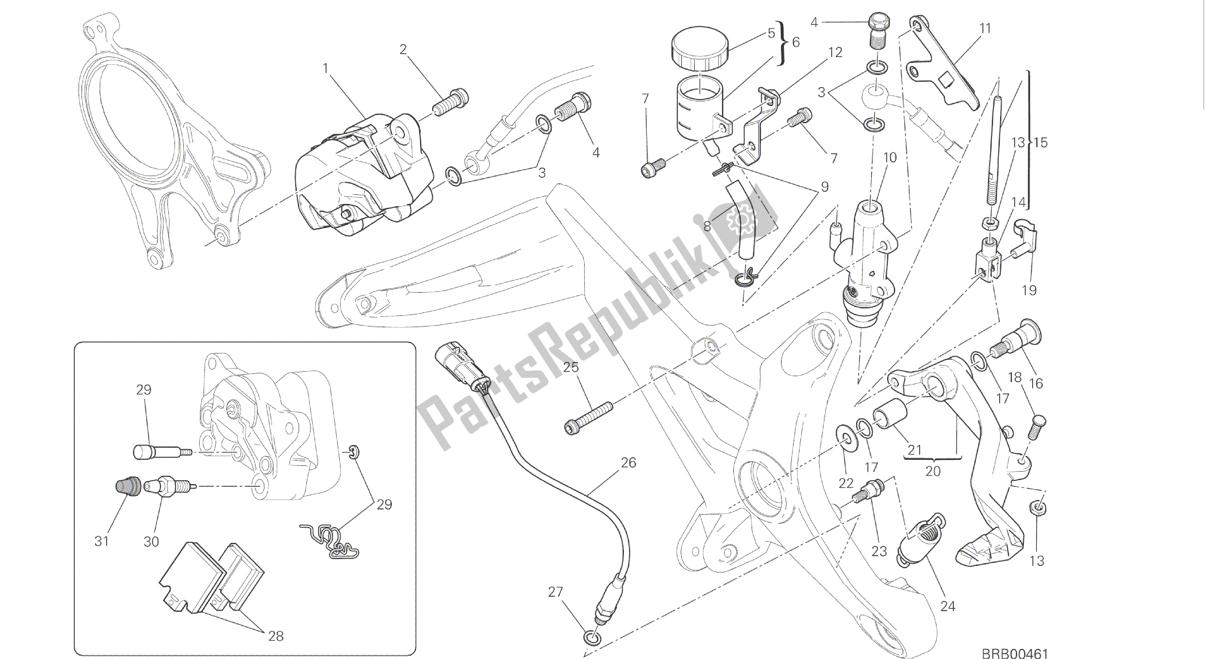 Todas las partes para Dibujo 025 - Sistema De Freno Trasero [mod: M 1200] Cuadro De Grupo de Ducati Monster 1200 2016