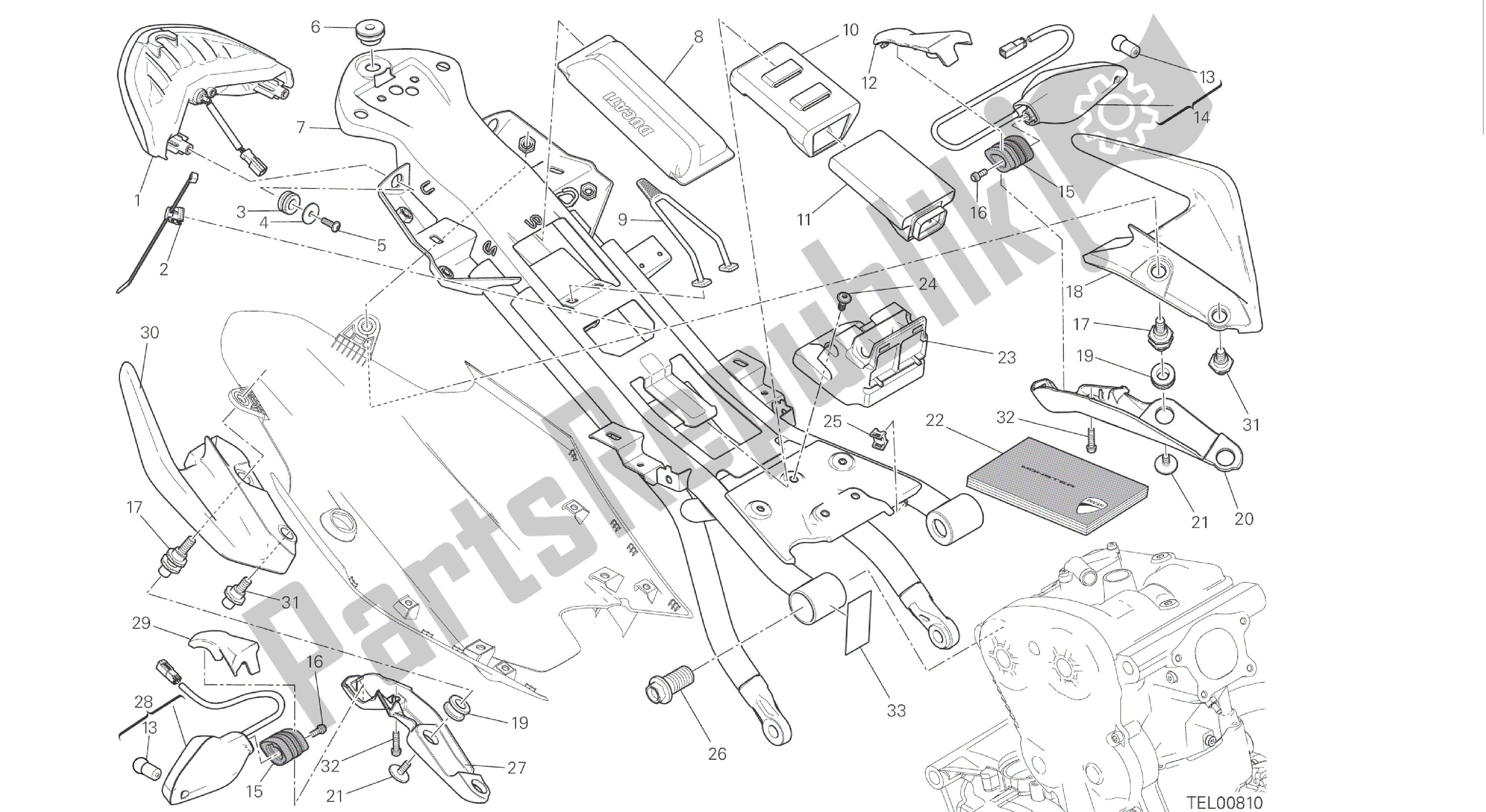 Alle onderdelen voor de Tekening 027 - Achterframe Comp. [mod: M 1200] Groepsframe van de Ducati Monster 1200 2016