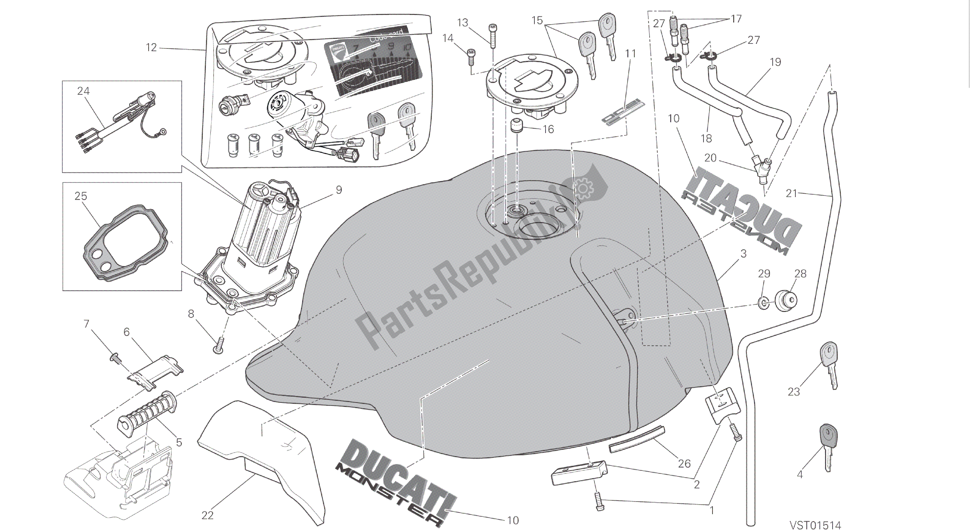 Alle onderdelen voor de Tekening 032 - Brandstoftank [mod: M 1200; Xst: Aus, Bra, Eur, Fra, Jap] Groepsframe van de Ducati Monster 1200 2016