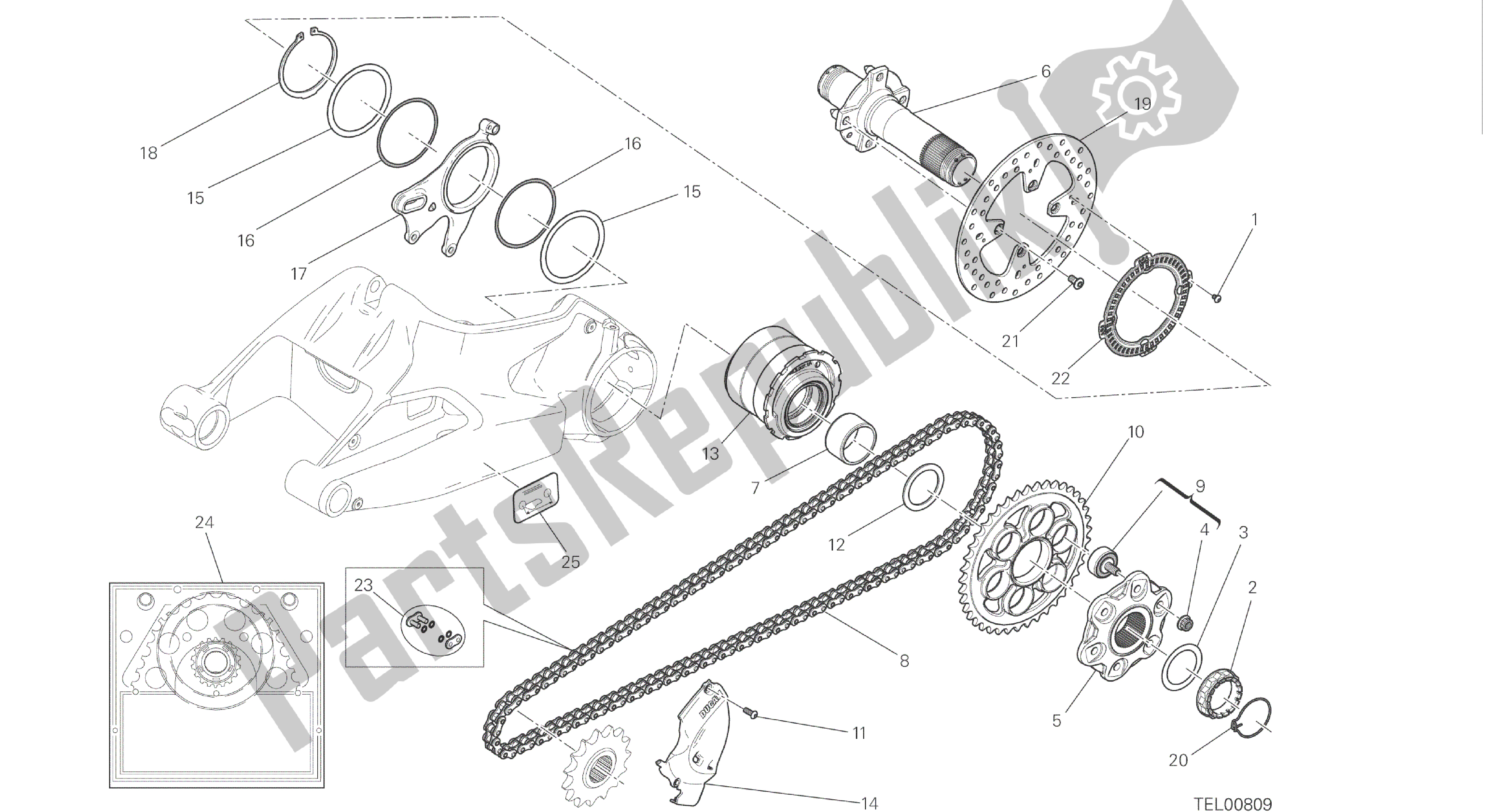 Alle onderdelen voor de Tekening 26a - Achterwielas [mod: M 1200] Groepsframe van de Ducati Monster 1200 2016