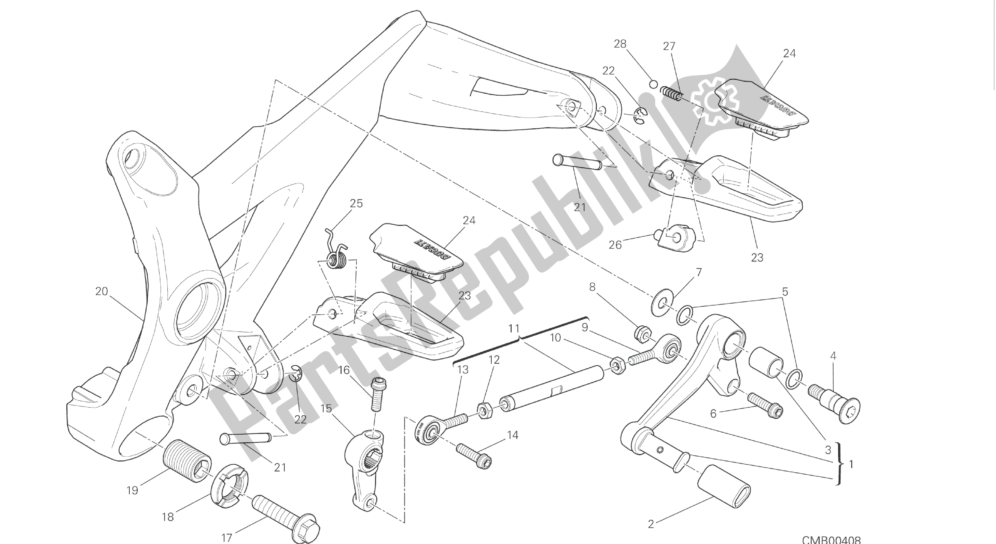 Alle onderdelen voor de Tekening 27a - Voetsteunen, Links [mod: M 1200] Groepsframe van de Ducati Monster 1200 2016