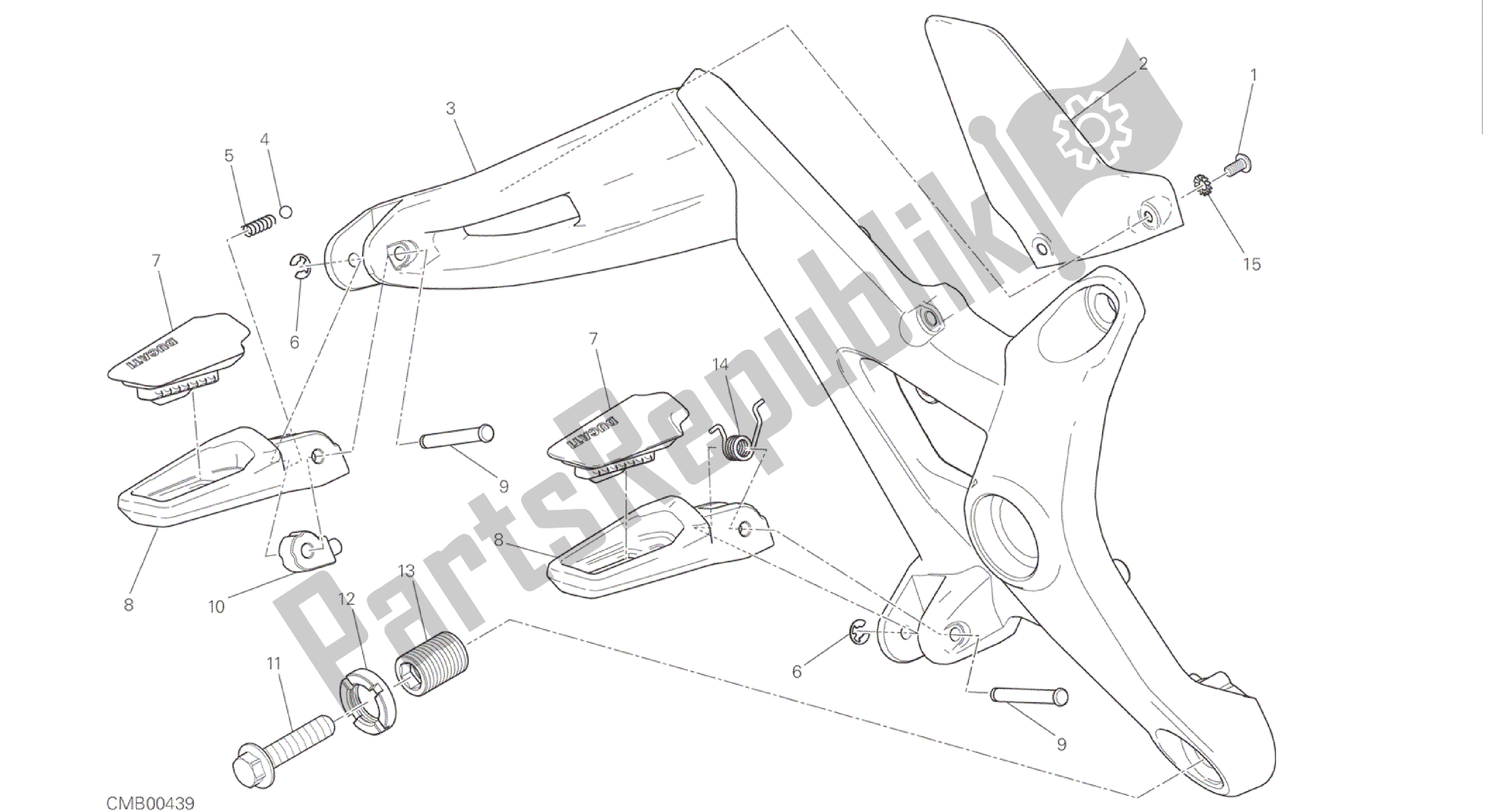 Alle onderdelen voor de Tekening 27b - Voetsteunen, Rechts [mod: M 1200] Groepsframe van de Ducati Monster 1200 2016