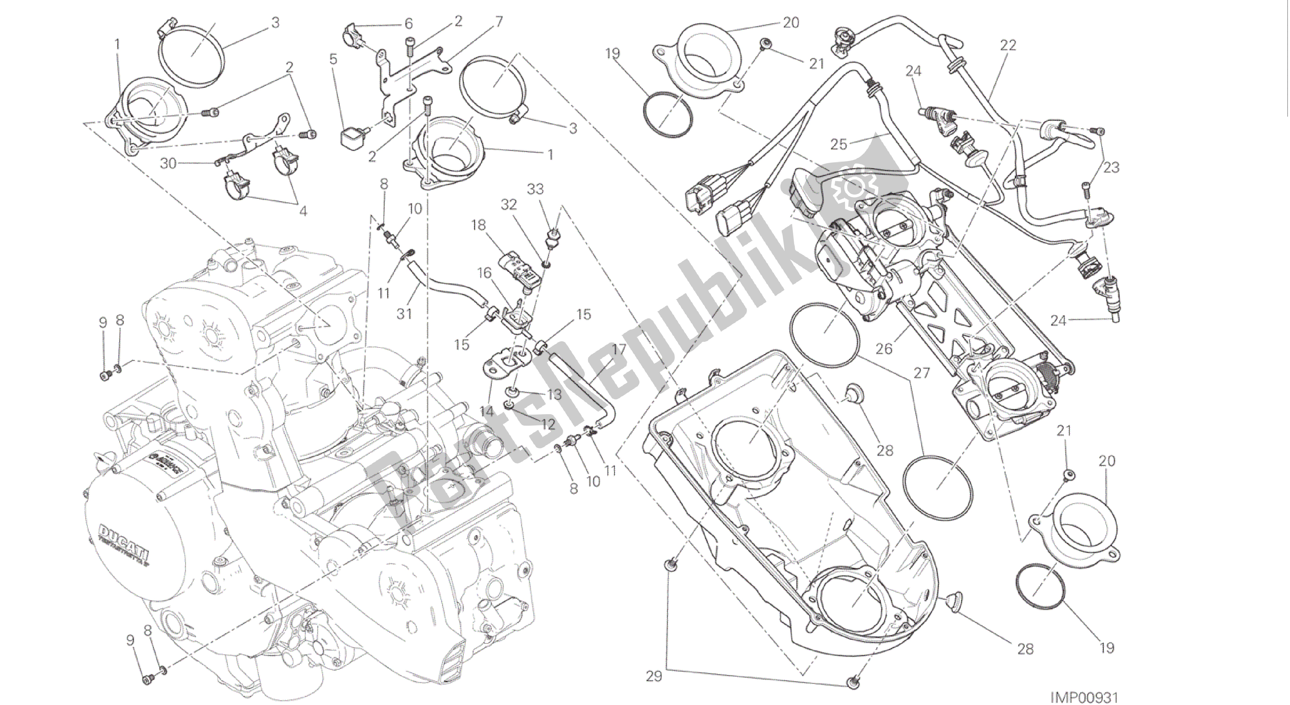 Alle onderdelen voor de Tekening 017 - Gasklephuis [mod: M 1200; Xst: Aus, Bra, Eur, Fra, Jap] Groepsframe van de Ducati Monster 1200 2016