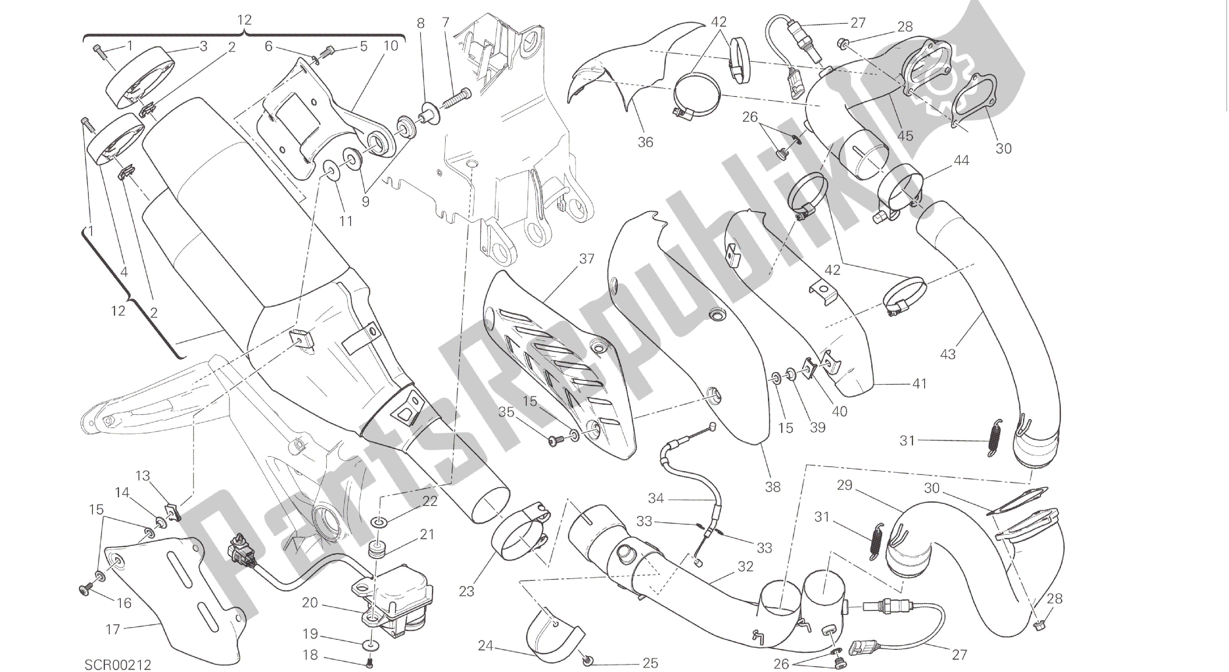 Alle onderdelen voor de Tekening 019 - Uitlaatsysteem [mod: M 1200] Groepsframe van de Ducati Monster 1200 2016