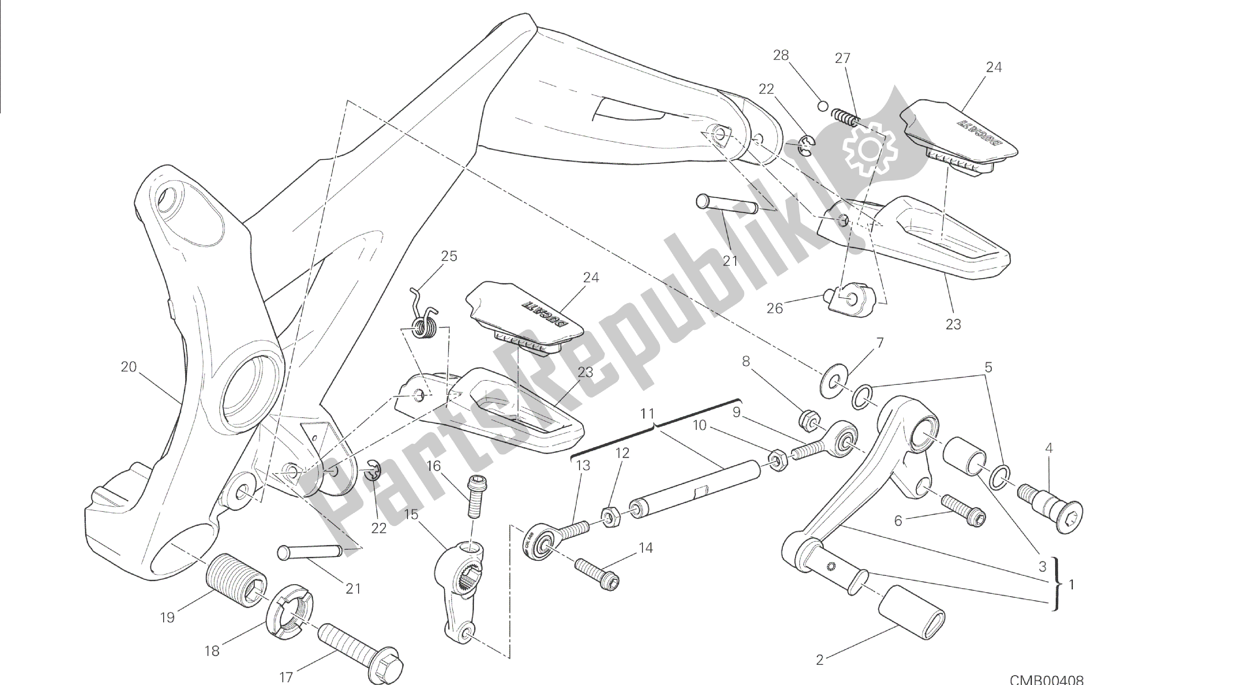 Alle onderdelen voor de Tekening 27a - Voetsteunen, Links [mod: M 1200s] Groepsframe van de Ducati Monster S 1200 2014