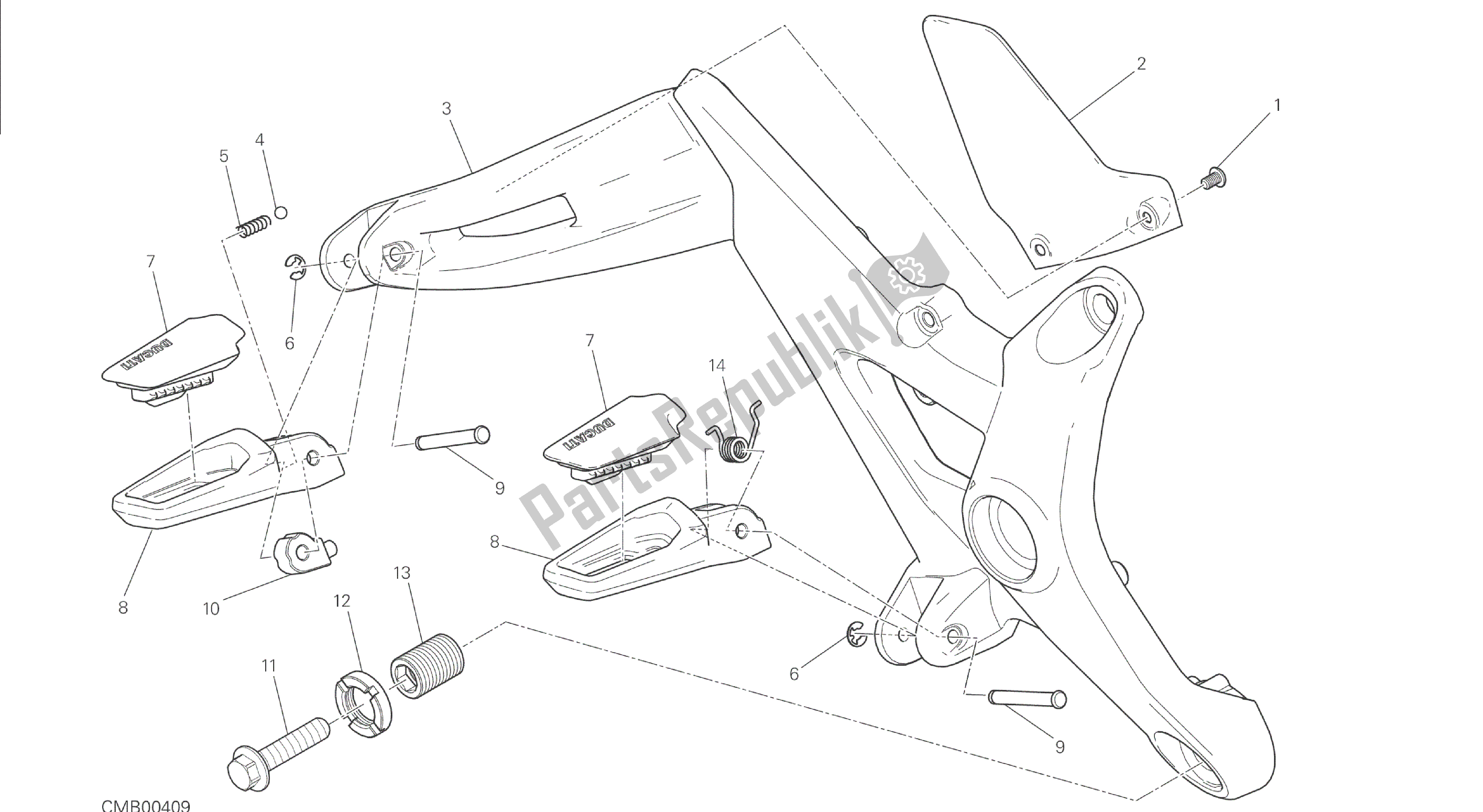 Alle onderdelen voor de Tekening 27b - Voetsteunen, Rechts [mod: M 1200s] Groepsframe van de Ducati Monster S 1200 2014