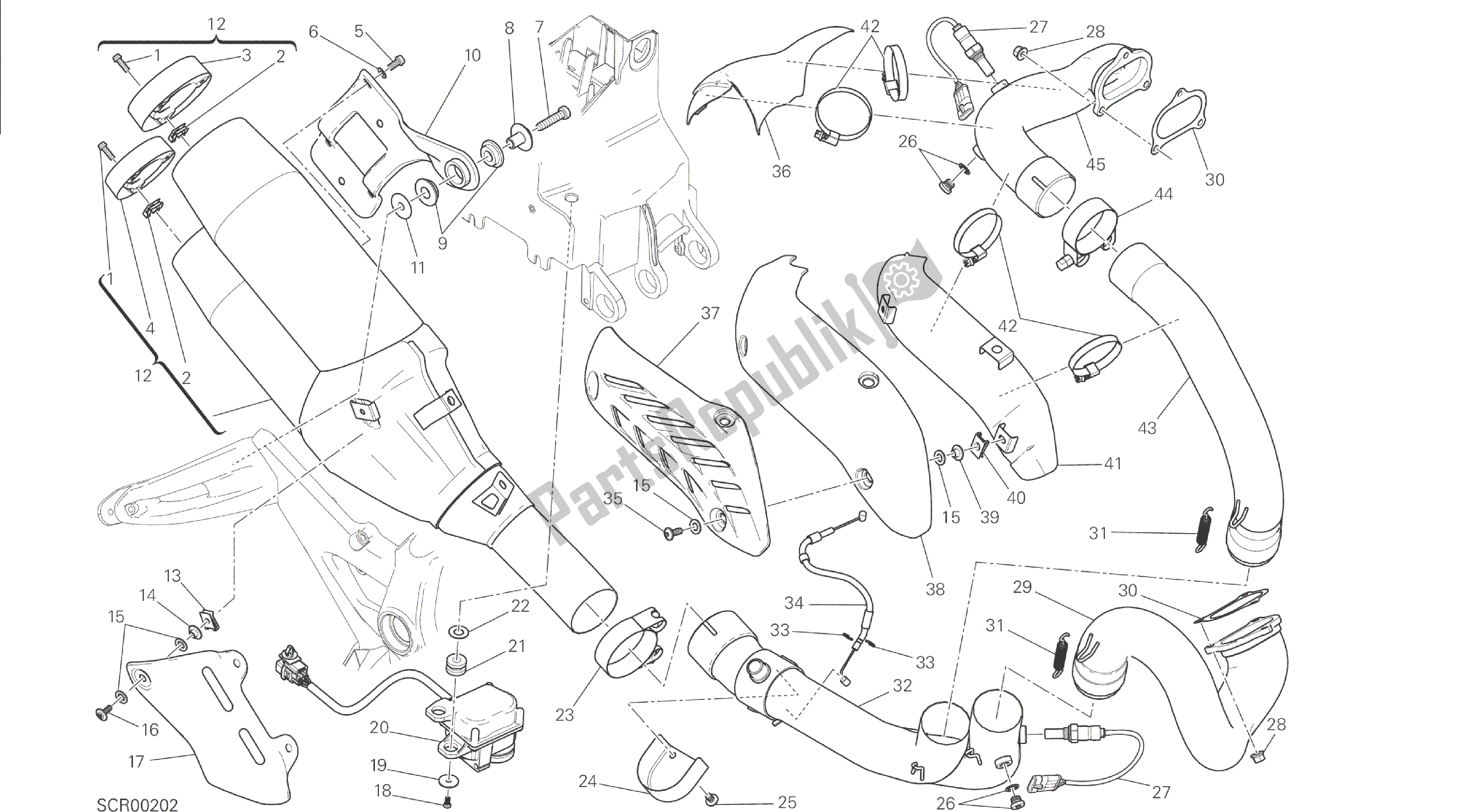 Alle onderdelen voor de Tekening 019 - Uitlaatsysteem [mod: M 1200s] Groepsframe van de Ducati Monster S 1200 2014
