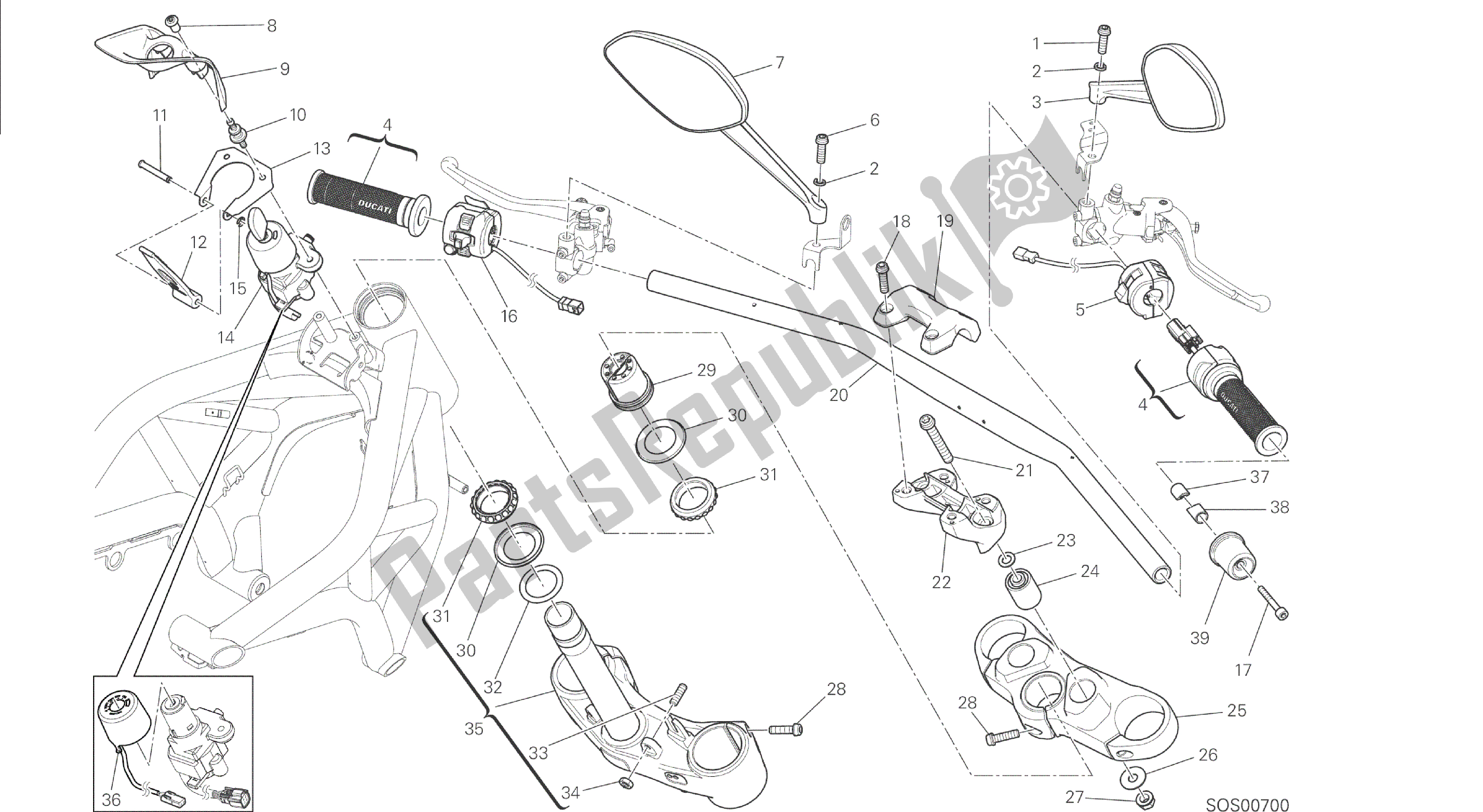 Todas las partes para Dibujo 021 - Marco De Grupo De Manillar Y Controles [mod: M 1200s] de Ducati Monster S 1200 2014