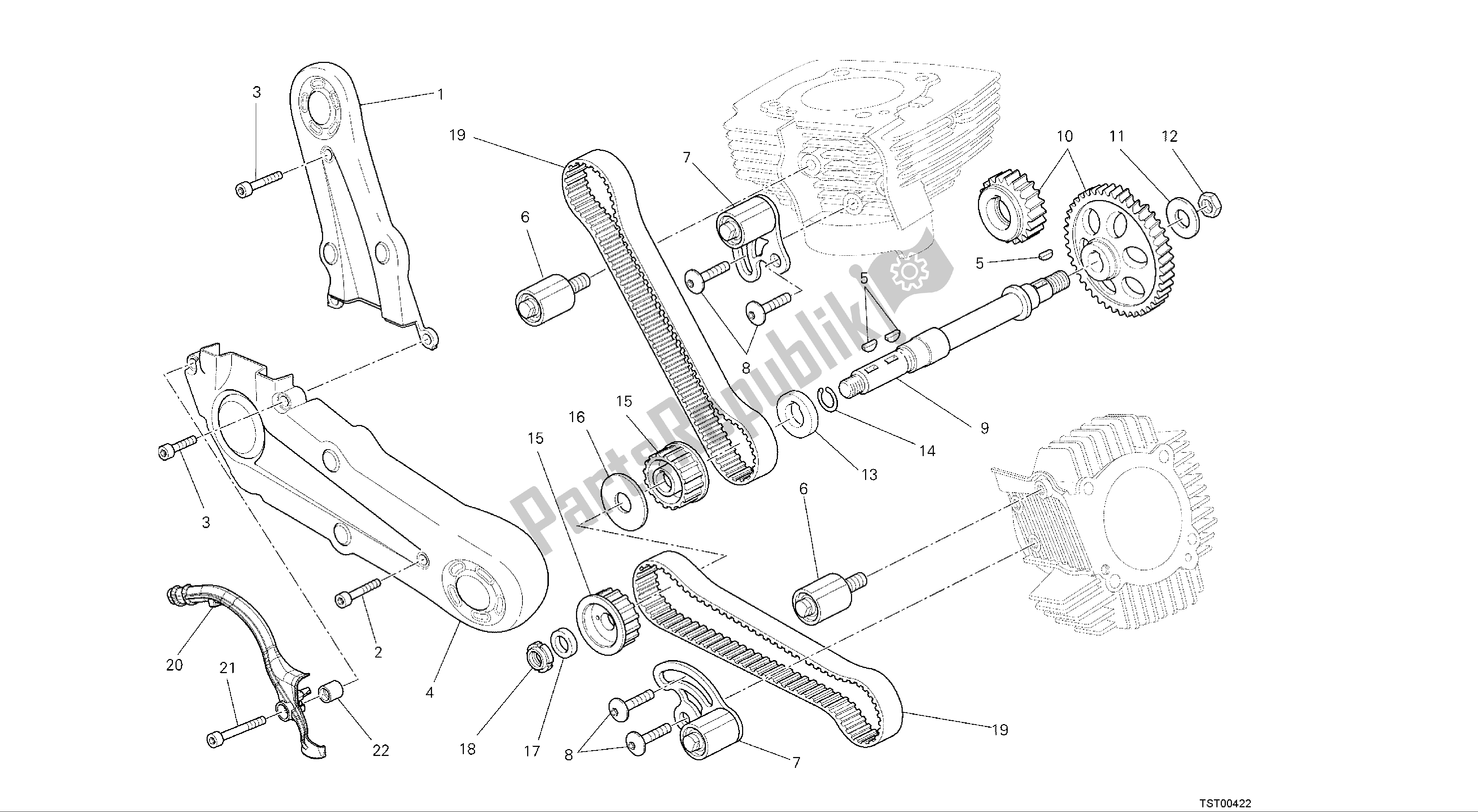 Alle onderdelen voor de Tekening 008 - Distributieriem [mod: M696 Abs, M696 + Abs; Xst: Aus, Eur, Jap] Groepsmotor van de Ducati Monster ABS 696 2014