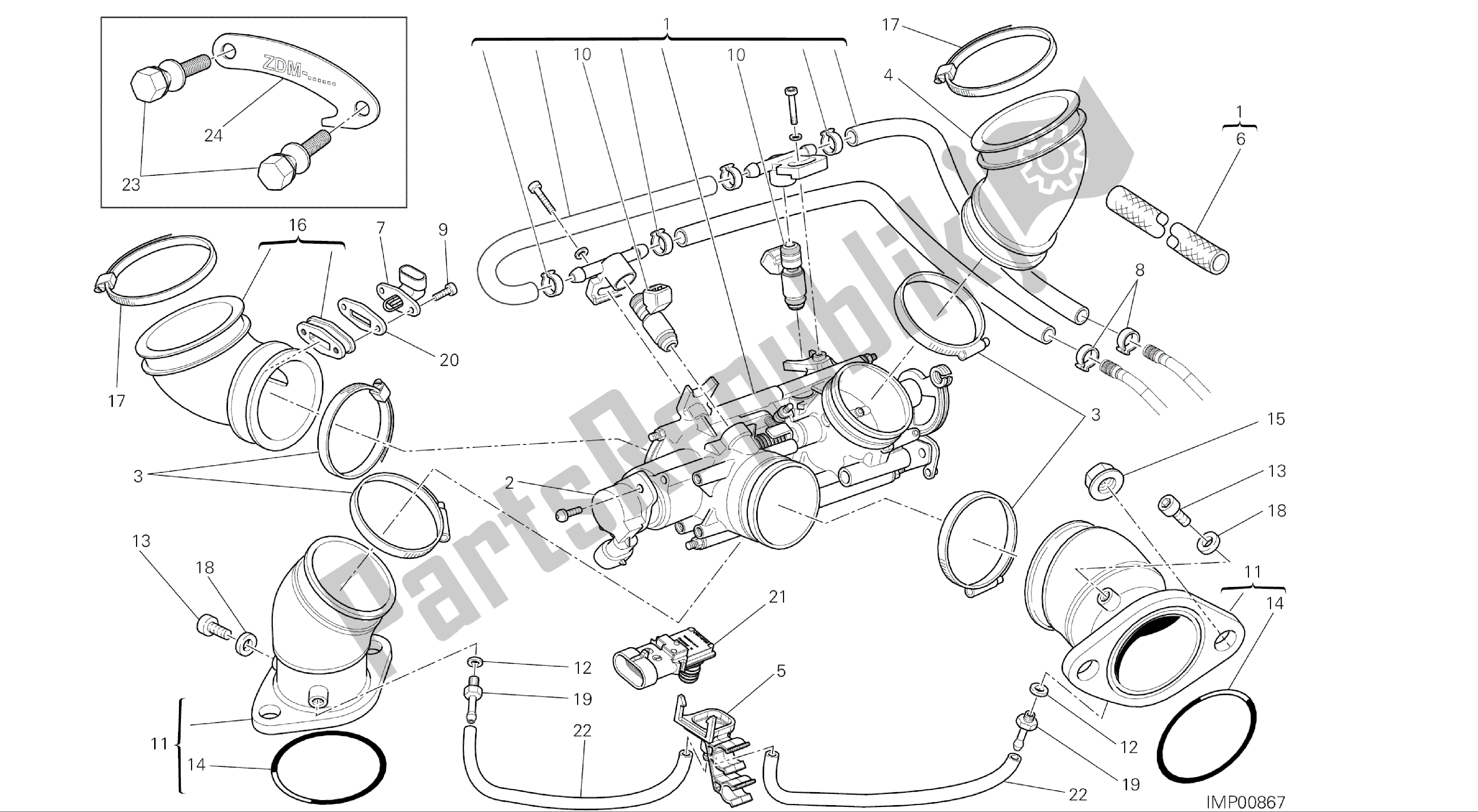 Alle onderdelen voor de Tekening 016 - Gasklephuis [mod: M696 Abs, M696 + Abs; Xst: Aus, Eur, Jap] Groepsmotor van de Ducati Monster ABS 696 2014