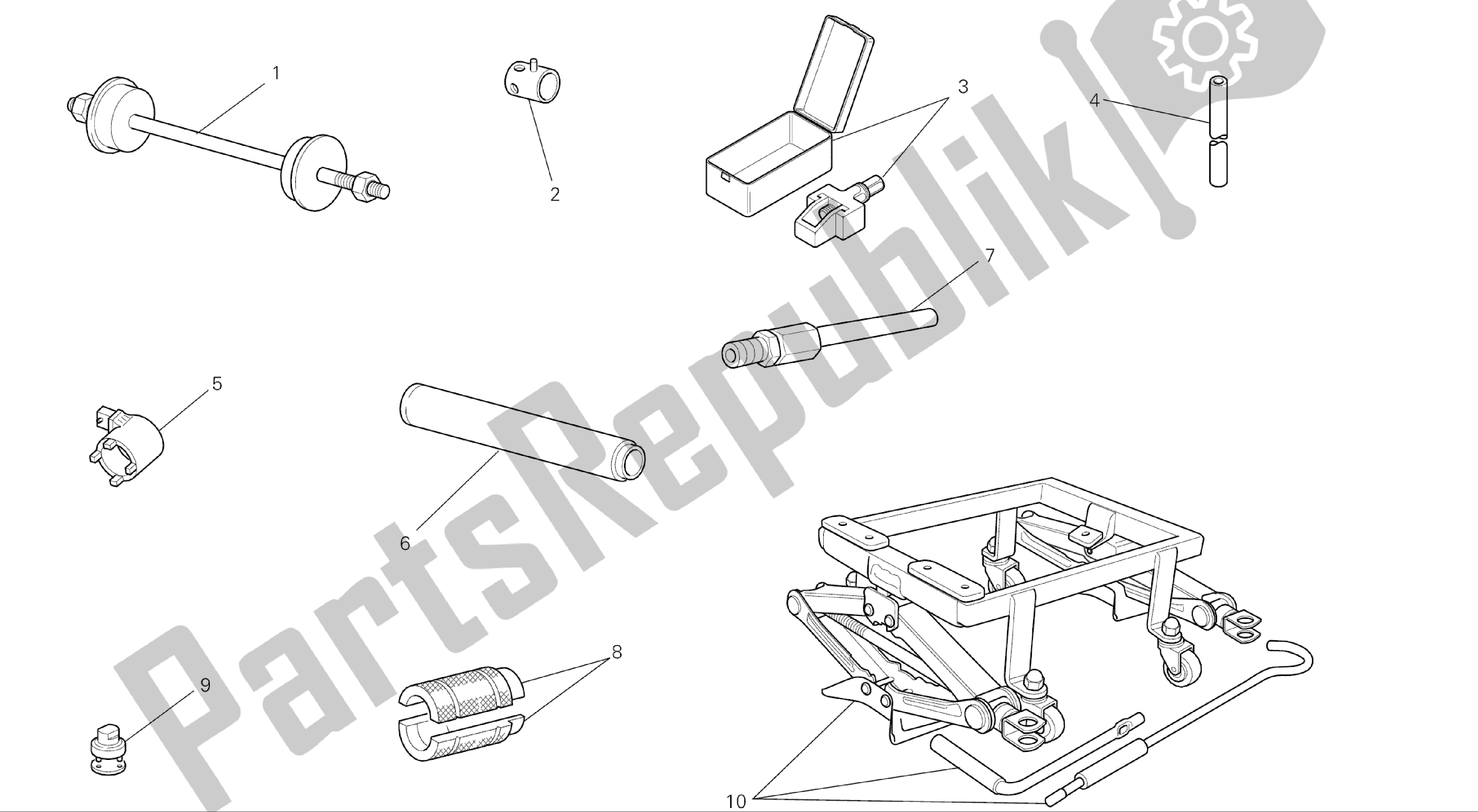 Alle onderdelen voor de Tekening 01a - Werkplaats Service Tools, Frame [mod: M696abs, M696 + Abs; Xst: Aus, Eur, Jap] Groepstools van de Ducati Monster ABS 696 2014