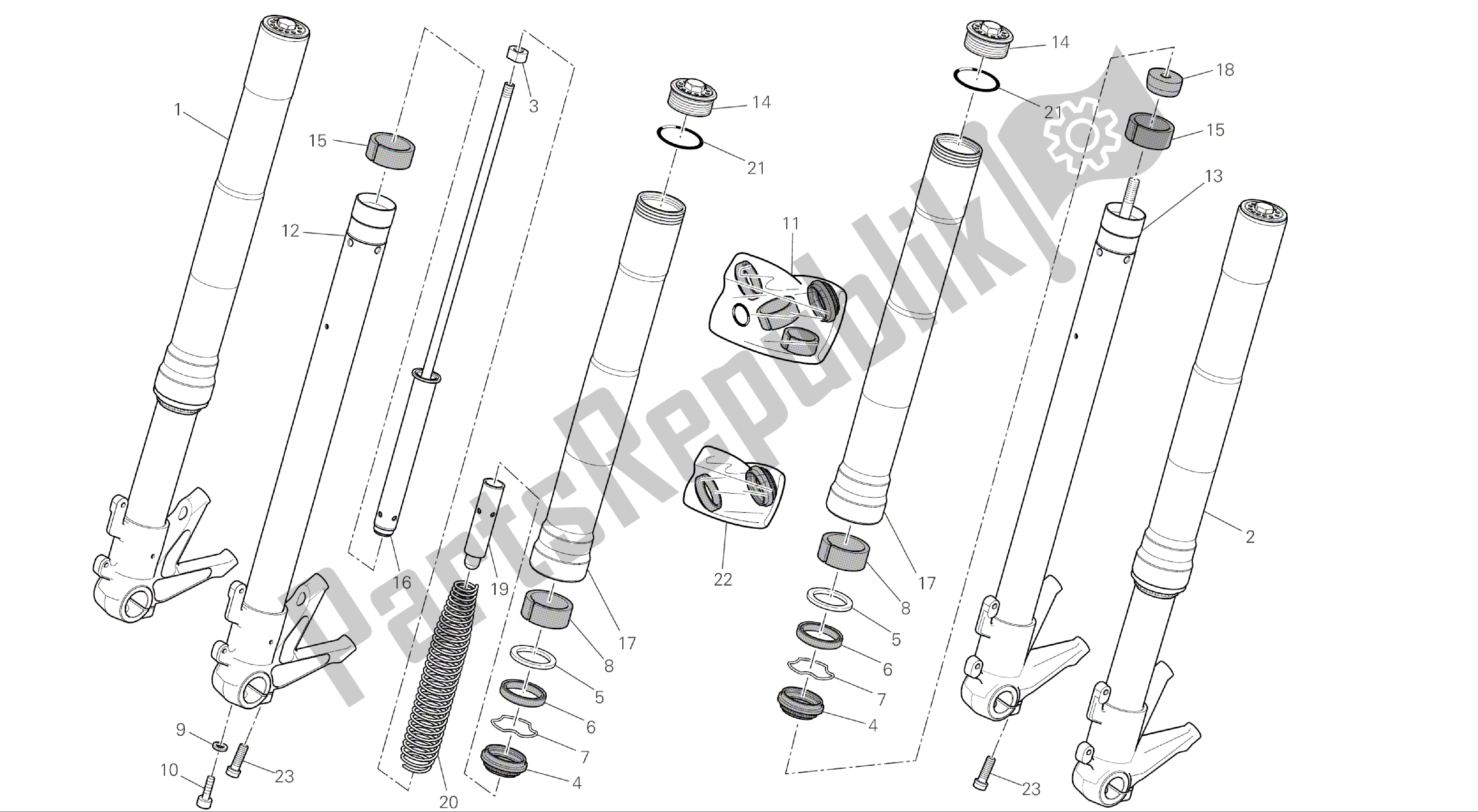 Alle onderdelen voor de Tekening 024 - Voorvork [mod: M696 Abs, M696 + Abs; Xst: Aus, Eur, Jap] Groepsframe van de Ducati Monster ABS 696 2014