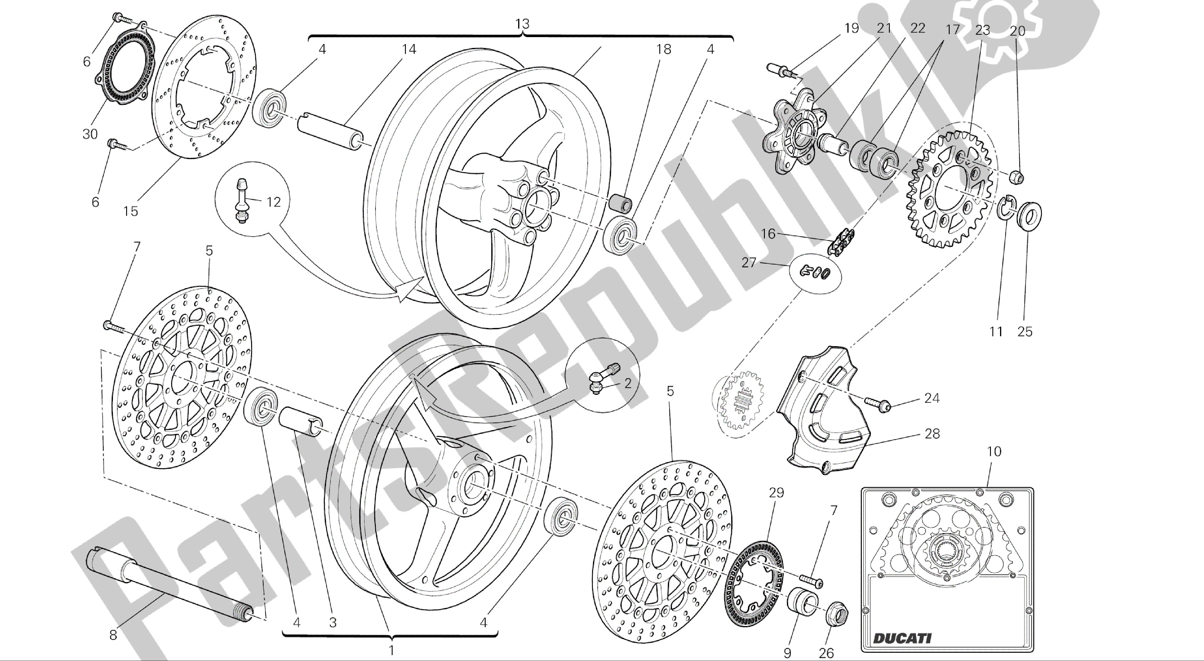 Alle onderdelen voor de Tekening 025 - Wielen [mod: M696 Abs, M696 + Abs; Xst: Aus, Eur, Jap] Groepsframe van de Ducati Monster ABS 696 2014