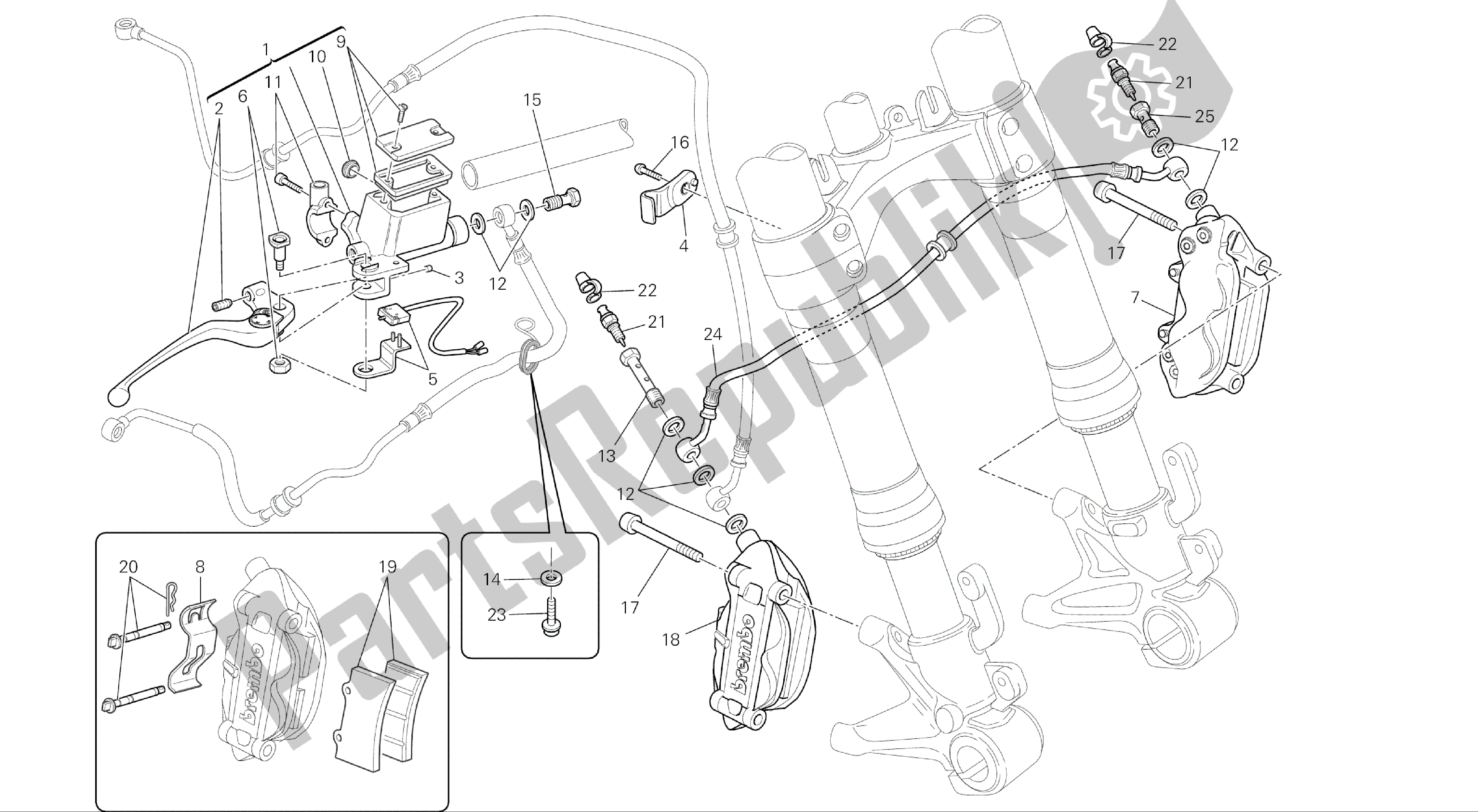 Alle onderdelen voor de Tekening 028 - Voorremsysteem [mod: M696 Abs, M696 + Abs; Xst: Aus, Eur, Jap] Groepsframe van de Ducati Monster ABS 696 2014