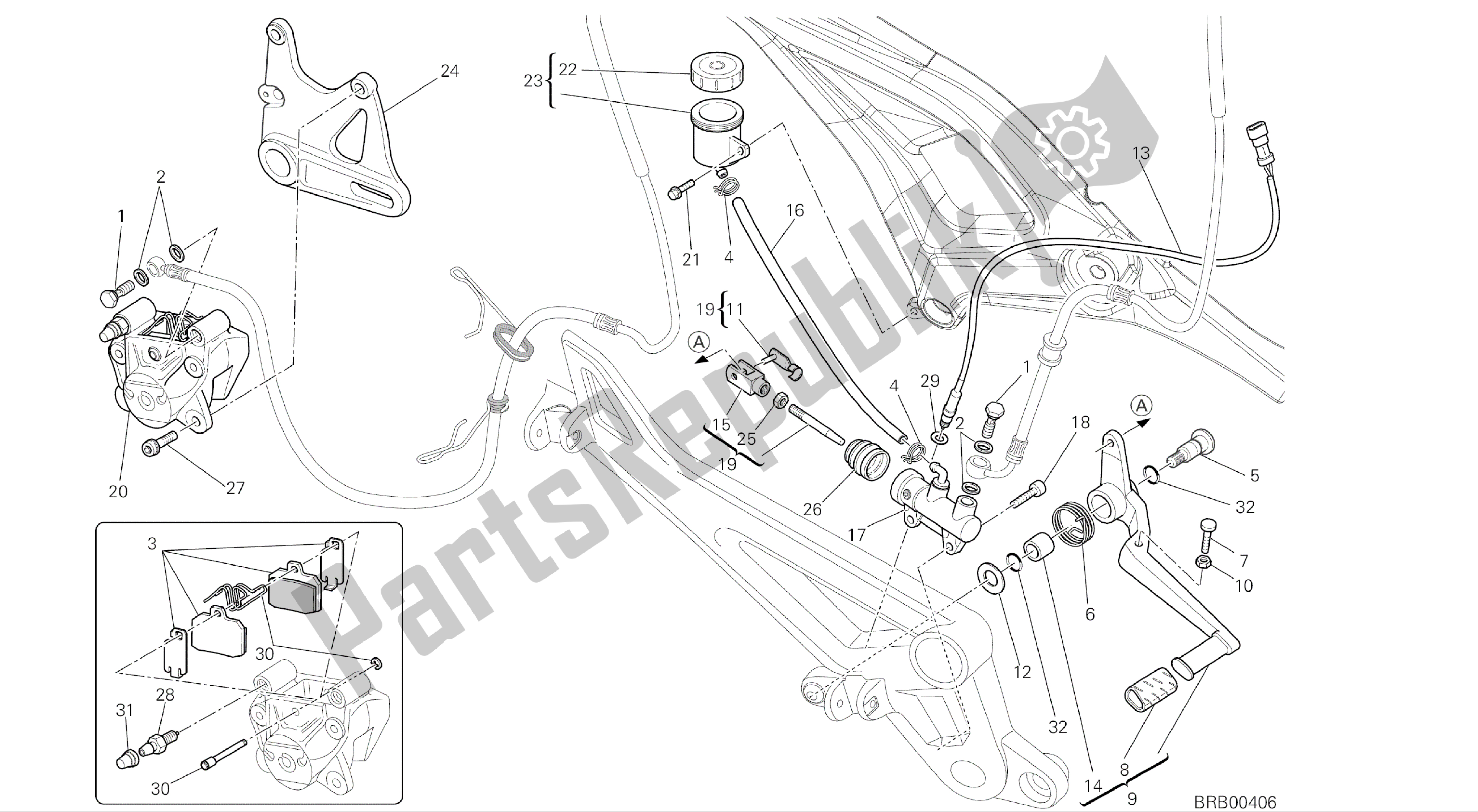 Todas las partes para Dibujo 029 - Sistema De Freno Trasero [mod: M696 Abs, M696 + Abs; Xst: Aus, Eur, Jap] Cuadro De Grupo de Ducati Monster ABS 696 2014