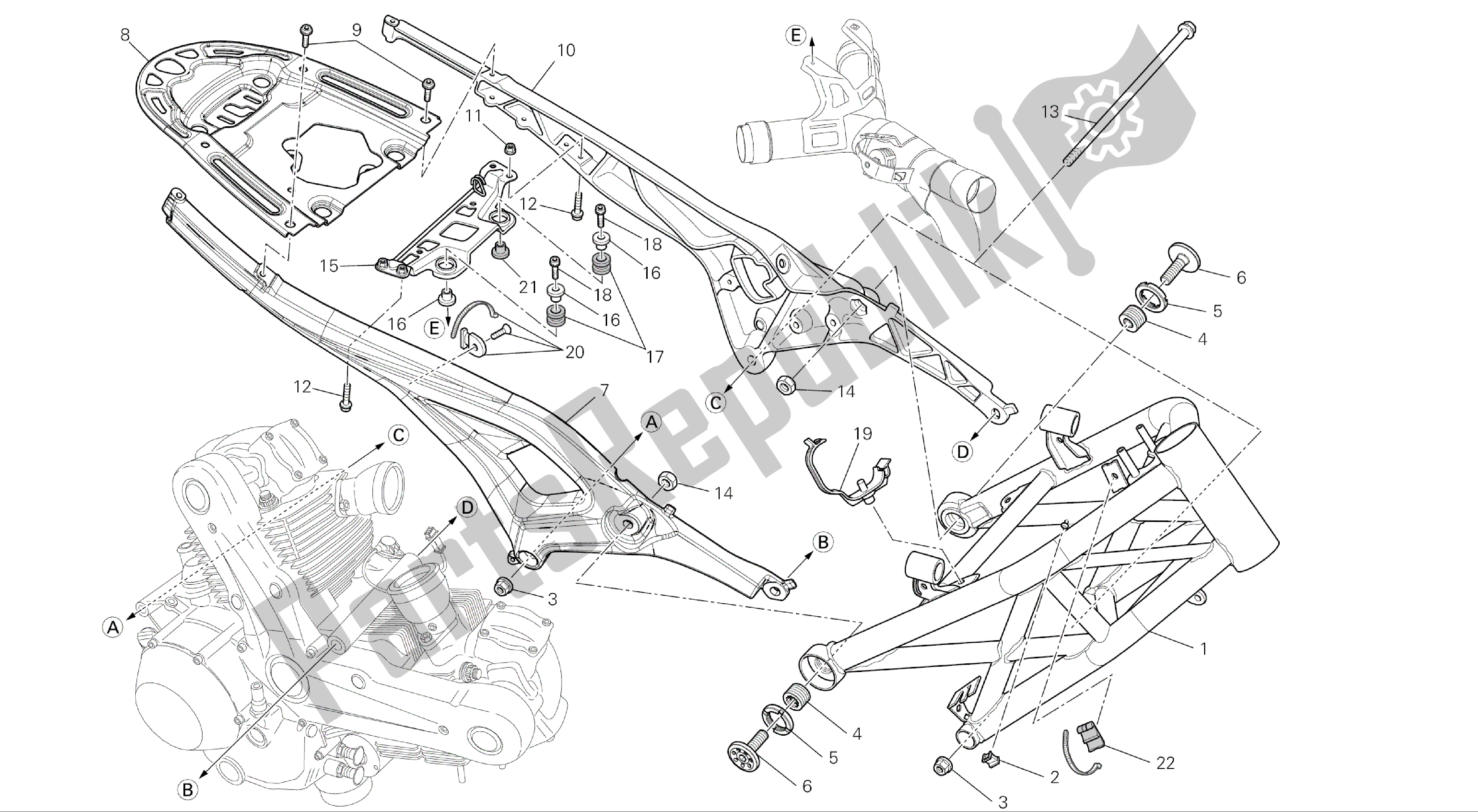 All parts for the Drawing 030 - Frame [mod:m696 Abs,m696+abs;xst:aus,eur,jap]group Frame of the Ducati Monster ABS 696 2014