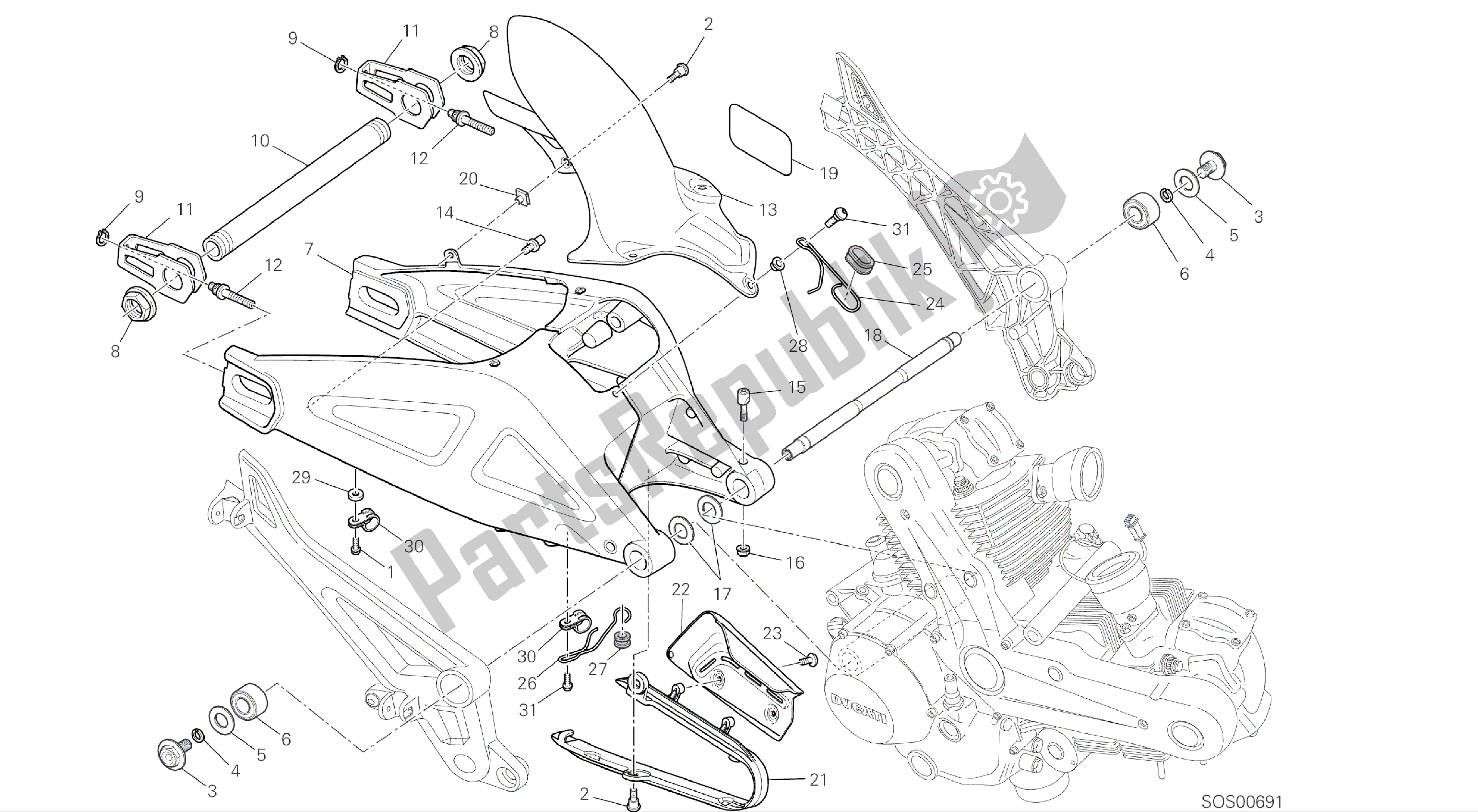 Alle onderdelen voor de Tekening 032 - Zwenkarm [mod: M696 Abs, M696 + Abs; Xst: Aus] Groepsframe van de Ducati Monster ABS 696 2014