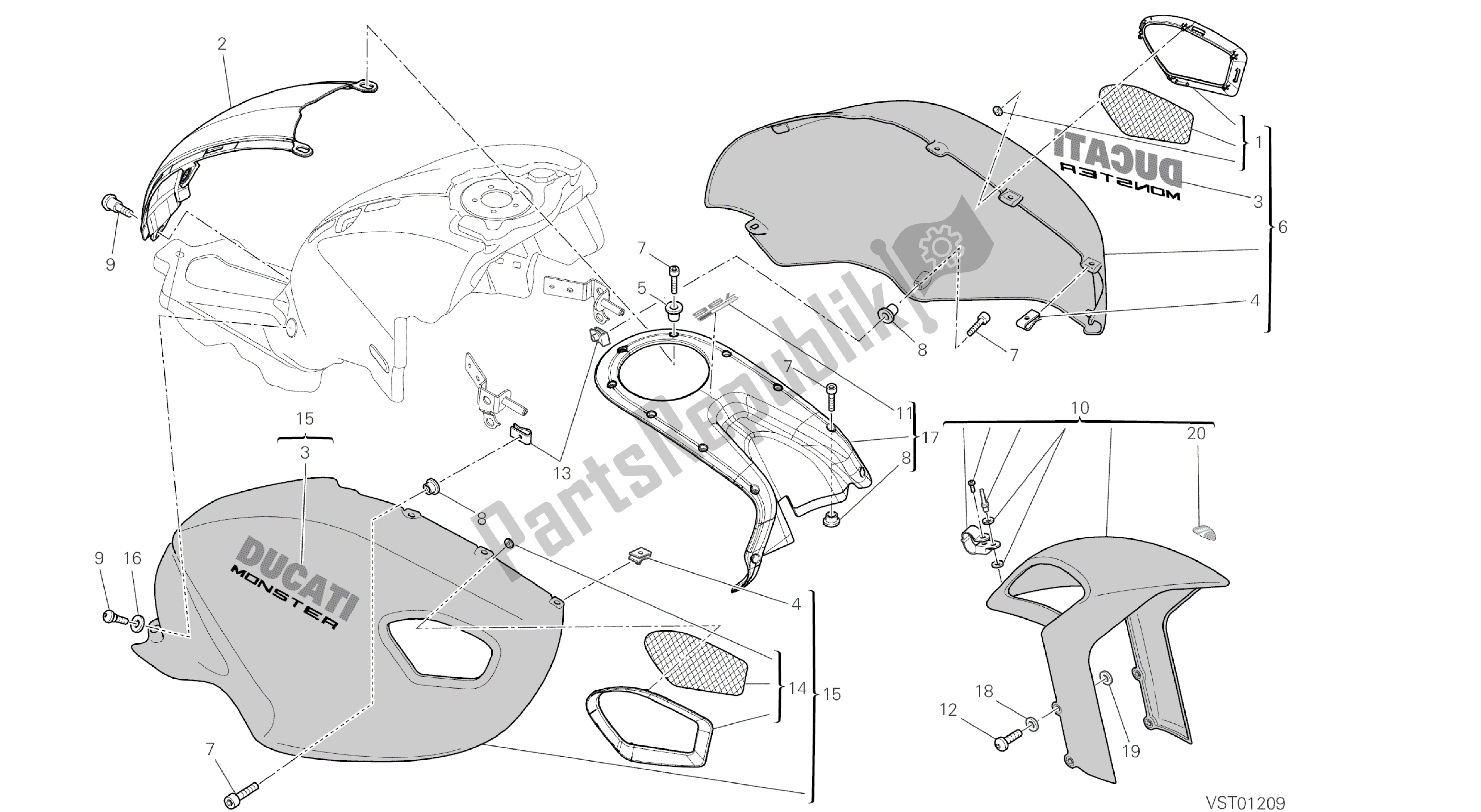 Alle onderdelen voor de Tekening 038 - Kuip [mod: M796 Abs; Xst: Aus, Bra, Eur, Jap, Twn] Groepsframe van de Ducati Monster ABS 796 2014
