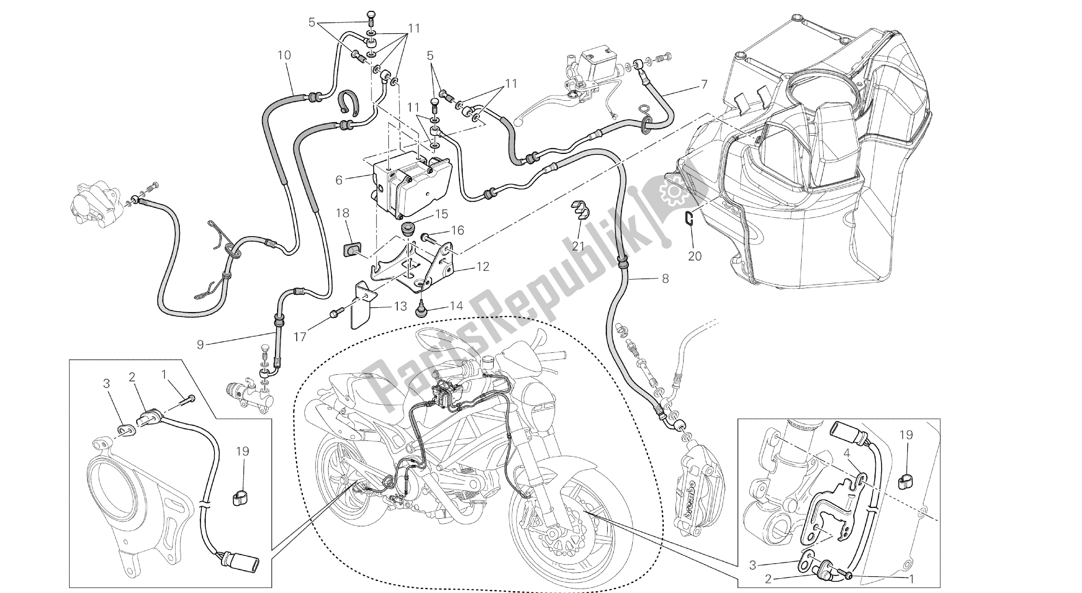 Alle onderdelen voor de Tekening 28a - Remsysteem Abs [mod: M796 Abs; Xst: Aus, Bra, Eur, Jap, Twn] Groepsframe van de Ducati Monster ABS 796 2014