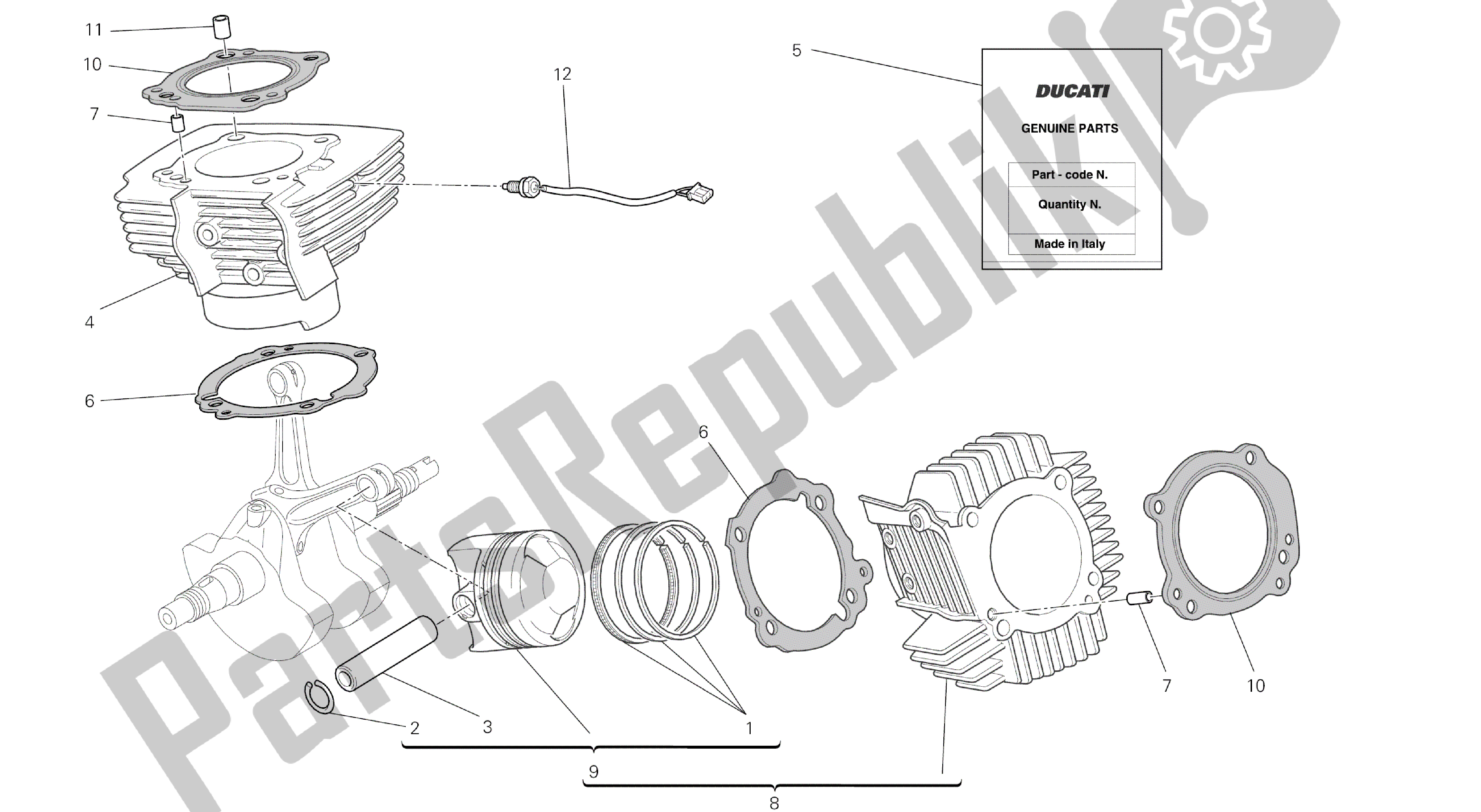 Tutte le parti per il Disegno 007 - Cilindro - Pistone [mod: M796 Abs; Xst: Aus, Bra, Eur, Jap, Twn] Gruppo Motore del Ducati Monster ABS 796 2014