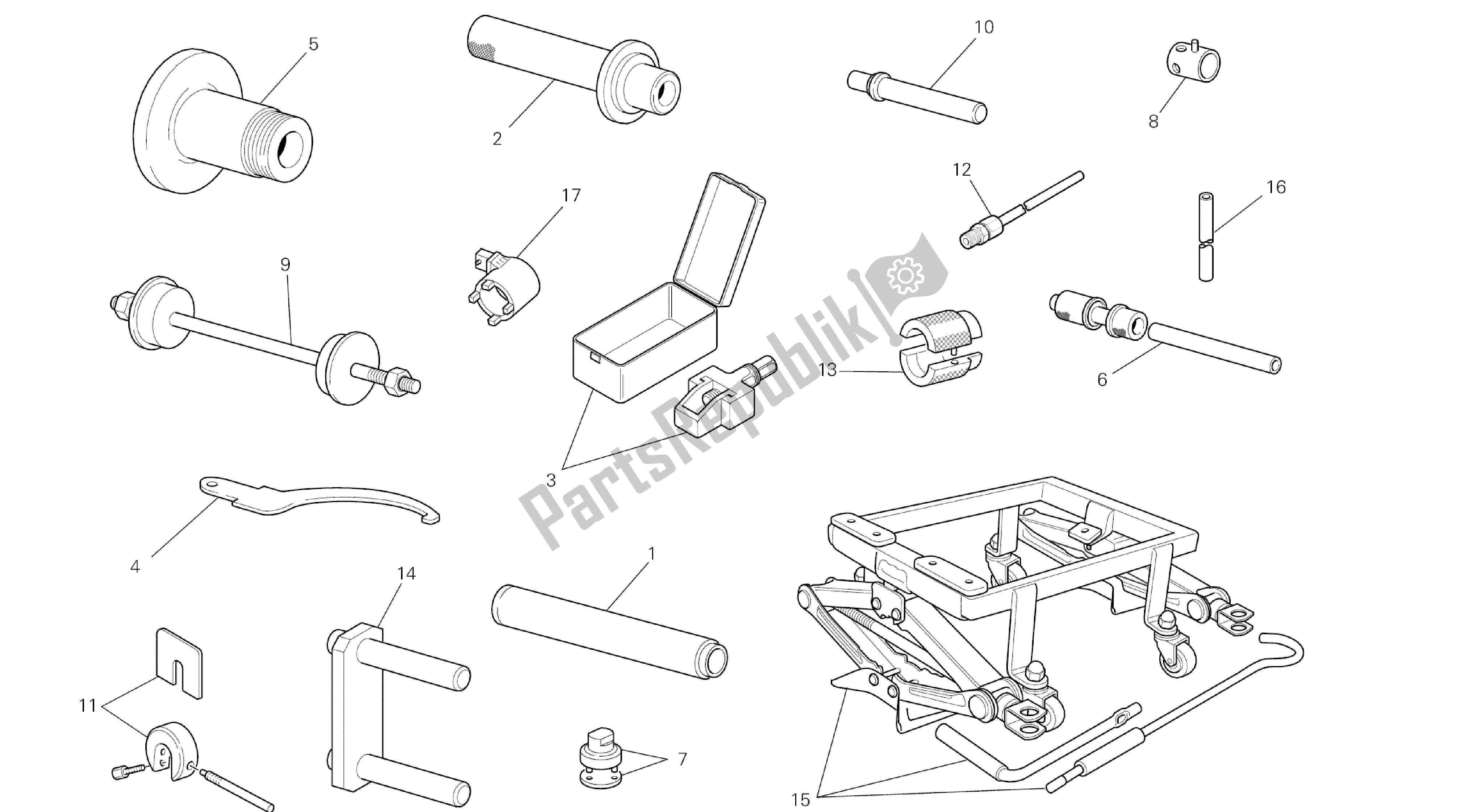 Alle onderdelen voor de Tekening 01a - Werkplaatsgereedschap, Frame [mod: M796abs; Xst: Aus, Bra, Eur, Jap, Twn] Groepstools van de Ducati Monster ABS 796 2014