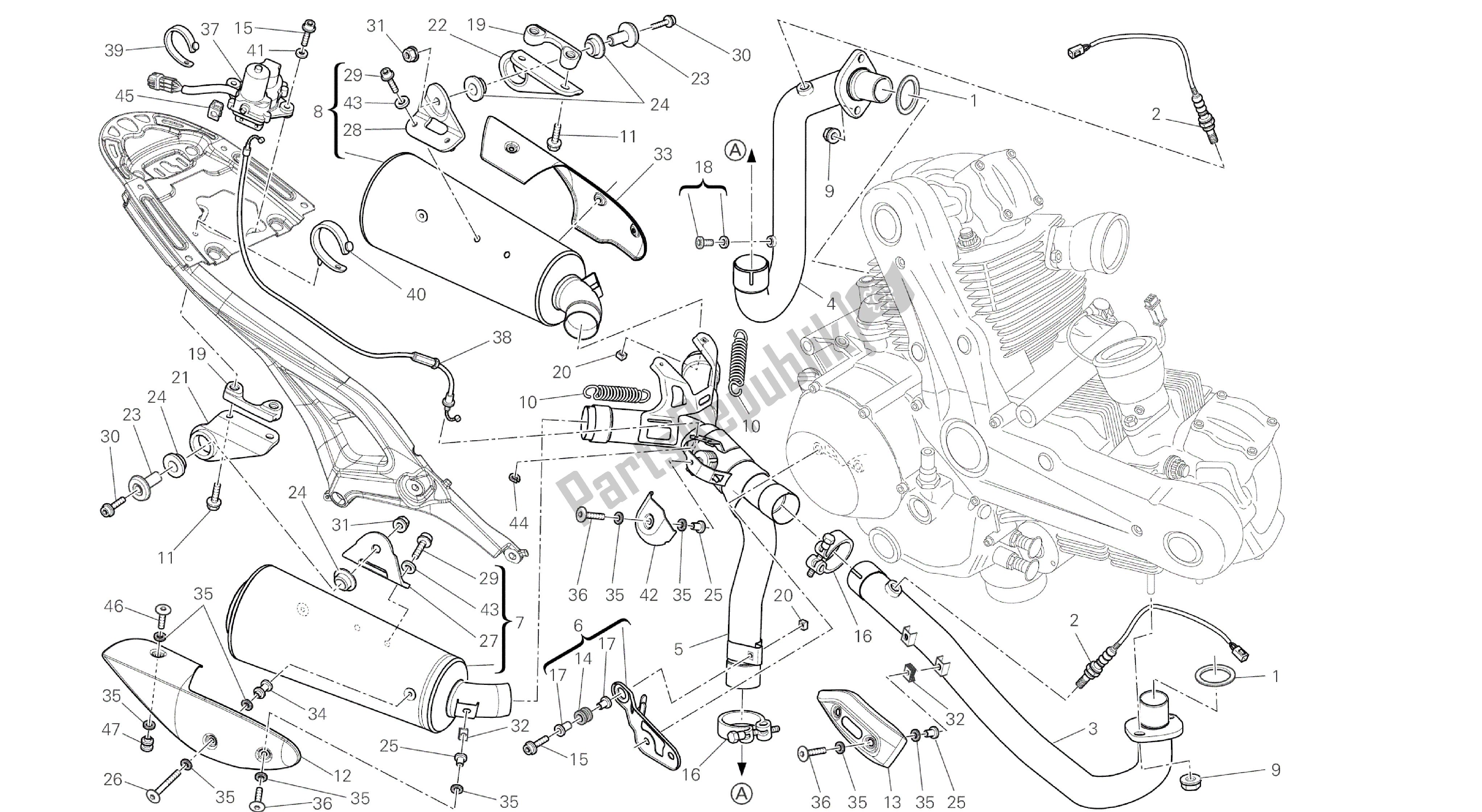 Todas las partes para Dibujo 020 - Sistema De Escape [mod: M796 Abs; Xst: Marco De Grupo Aus, Bra, Eur, Jap, Twn] de Ducati Monster ABS 796 2014