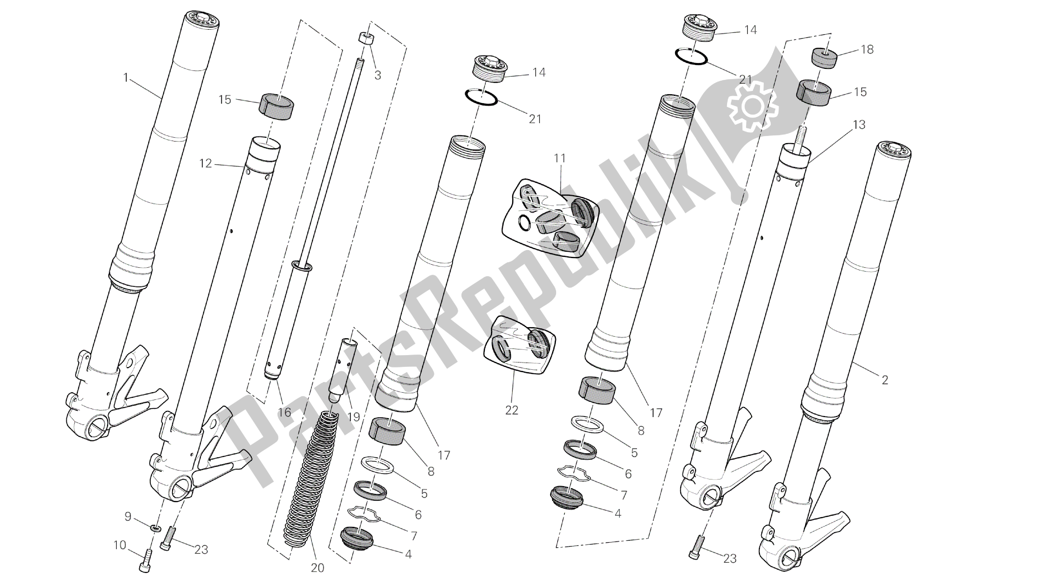 Alle onderdelen voor de Tekening 024 - Voorvork [mod: M796 Abs; Xst: Aus, Bra, Eur, Jap, Twn] Groepsframe van de Ducati Monster ABS 796 2014