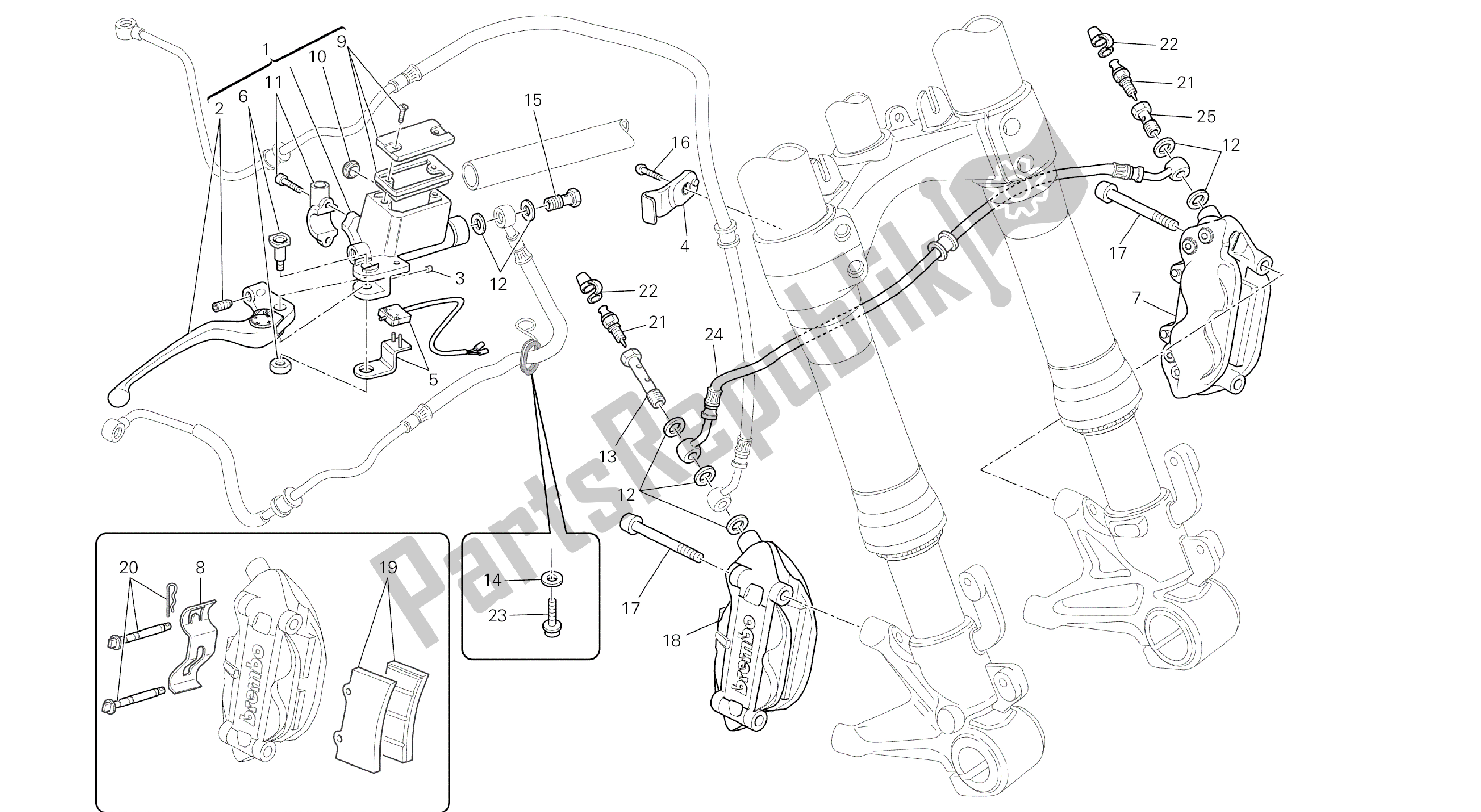 Tutte le parti per il Disegno 028 - Sistema Frenante Anteriore [mod: M796 Abs; Xst: Aus, Bra, Eur, Jap, Twn] Gruppo Telaio del Ducati Monster ABS 796 2014