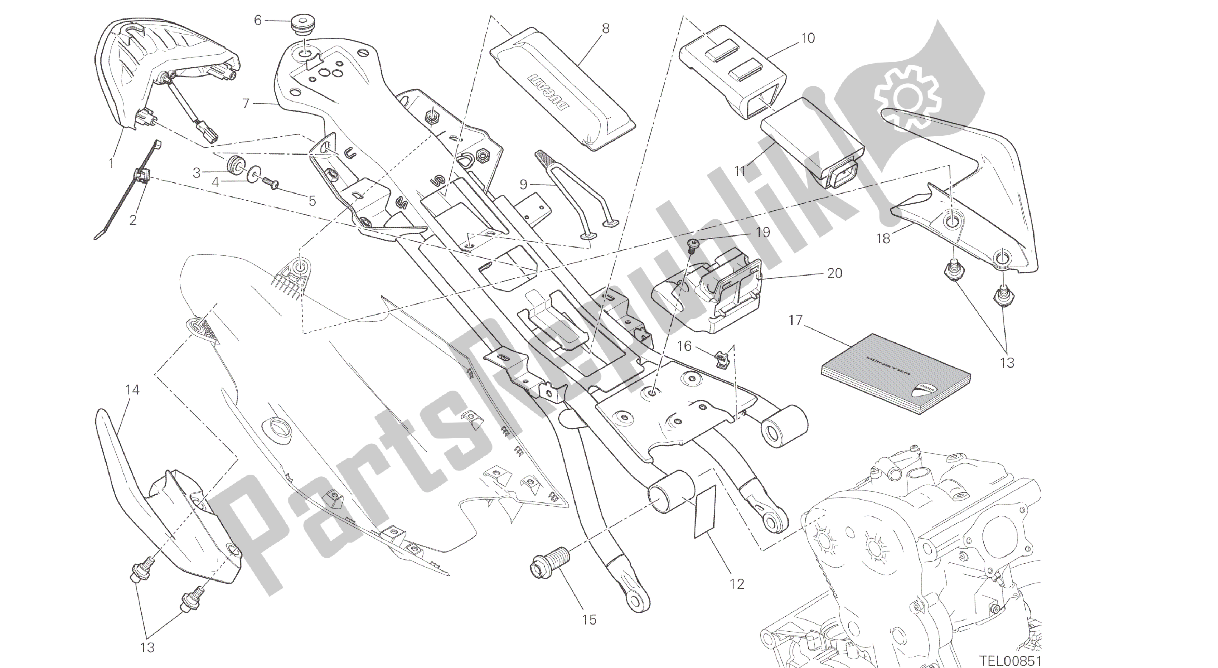 Alle onderdelen voor de Tekening 027 - Achterframe Comp. [mod: M 821] Groepsframe van de Ducati Monster 821 2014