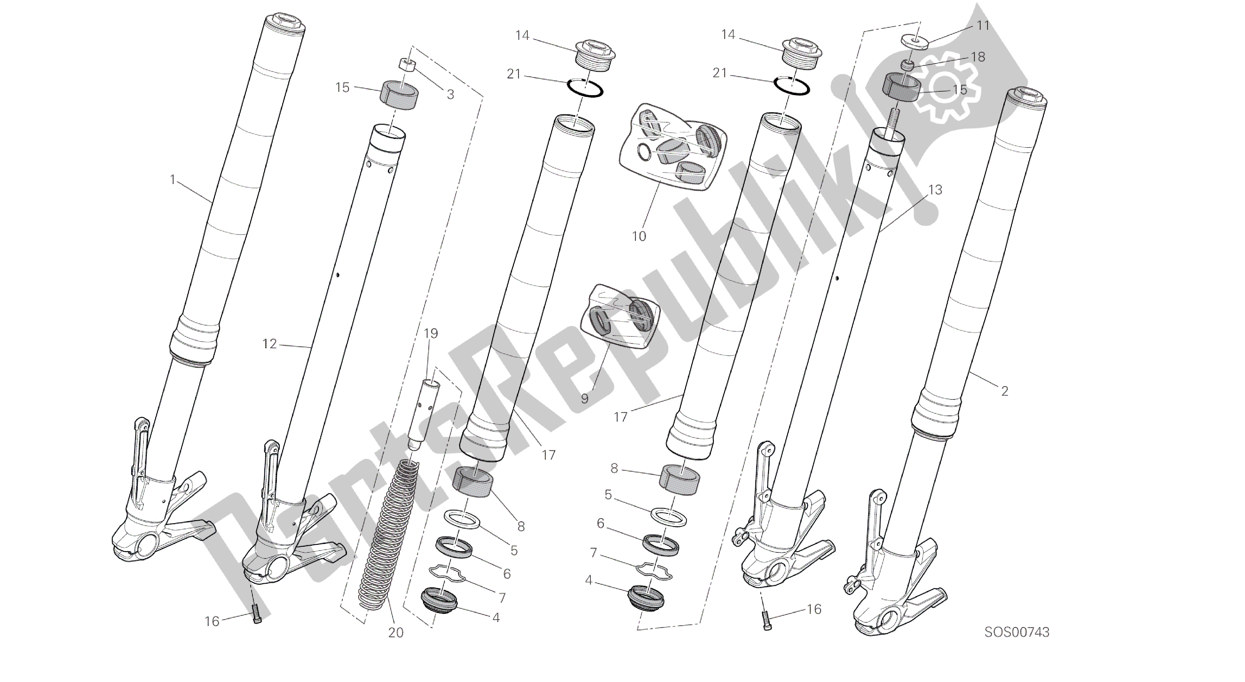 Alle onderdelen voor de Tekening 21a - Voorvork [mod: M 821; Xst: Aus, Eur, Fra, Jap] Groepsframe van de Ducati Monster 821 2014