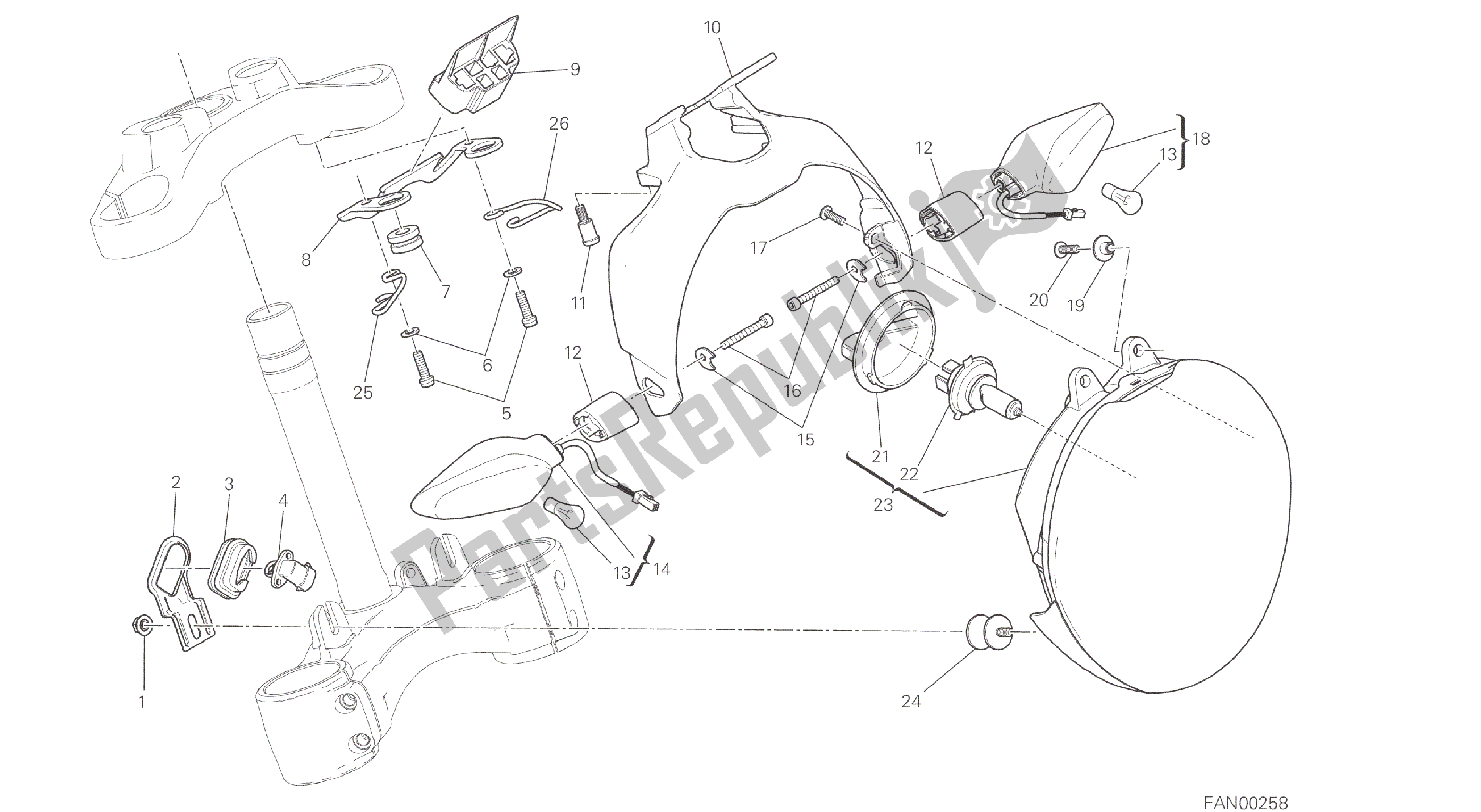 Wszystkie części do Rysunek 020 - Reflektor [mod: M 821; Xst: Aus, Eur, Fra, Jap] Grupa Elektryczna Ducati Monster 821 2014