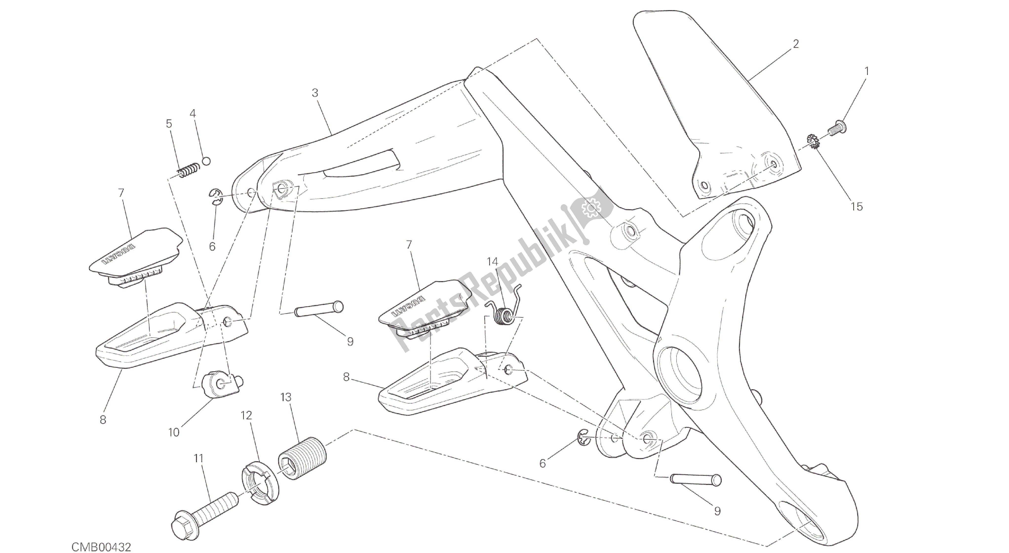Alle onderdelen voor de Tekening 27b - Voetsteunen, Rechts [mod: M 821] Groepsframe van de Ducati Monster 821 2014