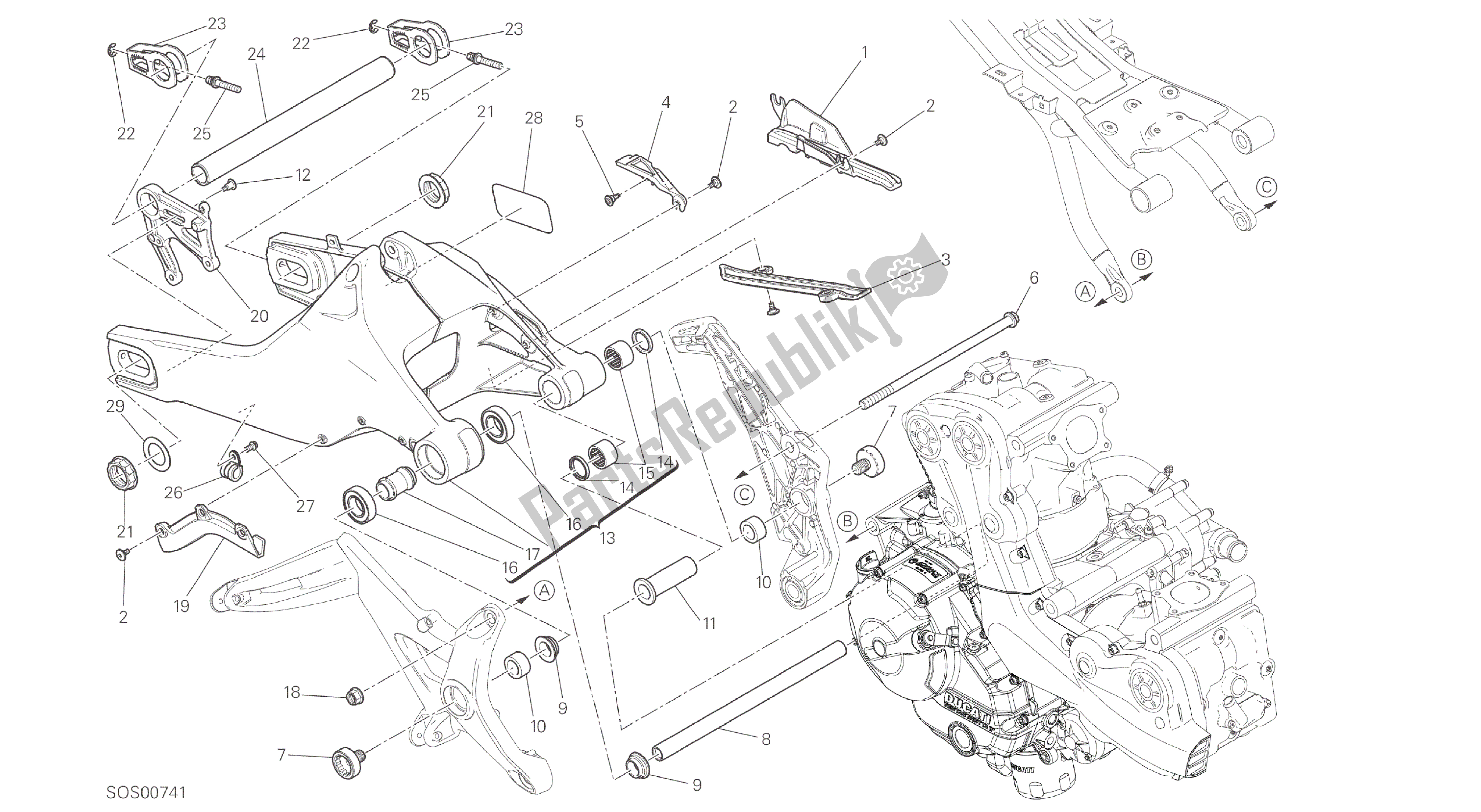 Alle onderdelen voor de Tekening 28a - Forcellone Posteriore [mod: M 821; Xst: Eur, Fra, Jap] Groepsframe van de Ducati Monster 821 2014