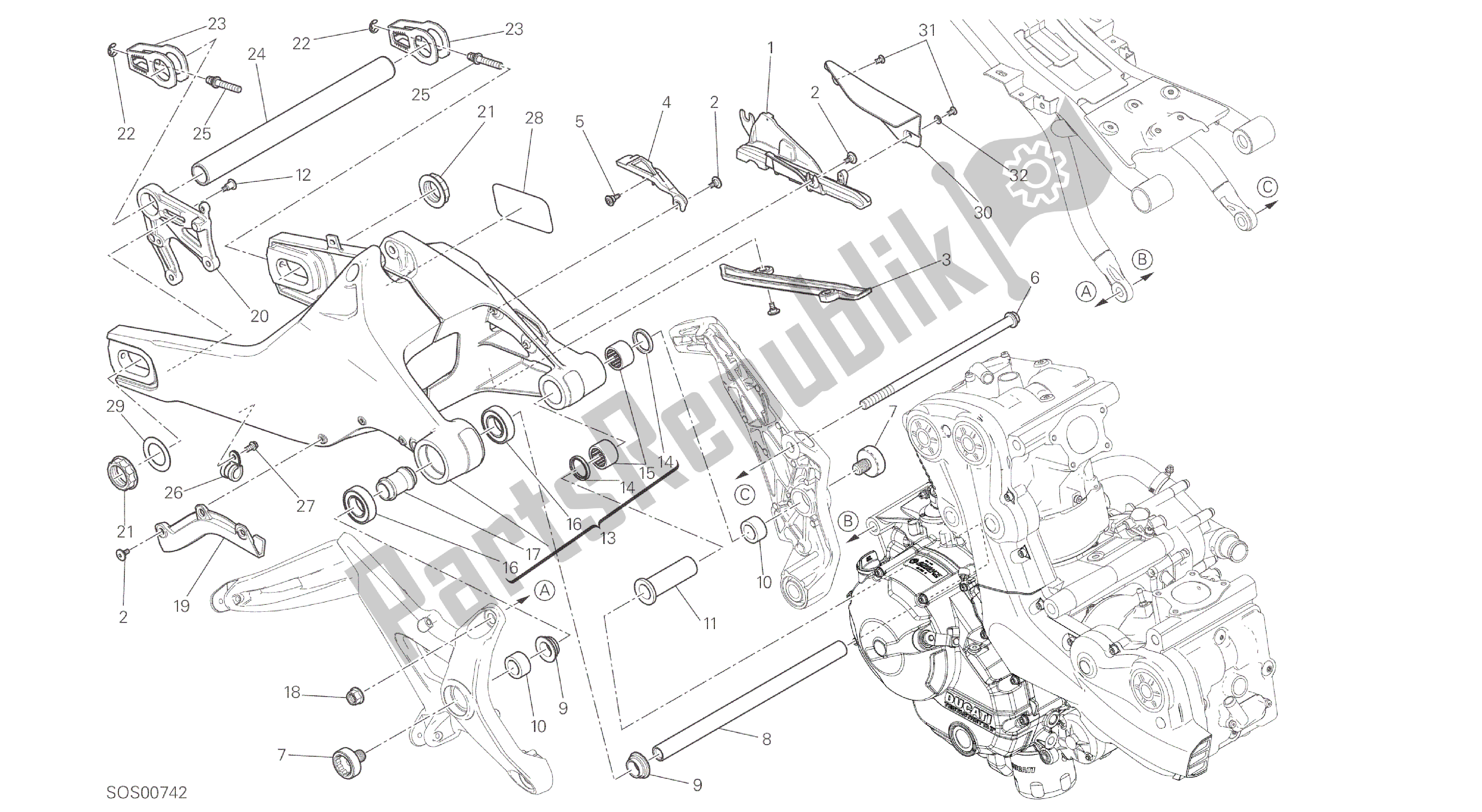 Alle onderdelen voor de Tekening 28a - Forcellone Posteriore [mod: M 821; Xst: Aus] Groepsframe van de Ducati Monster 821 2014
