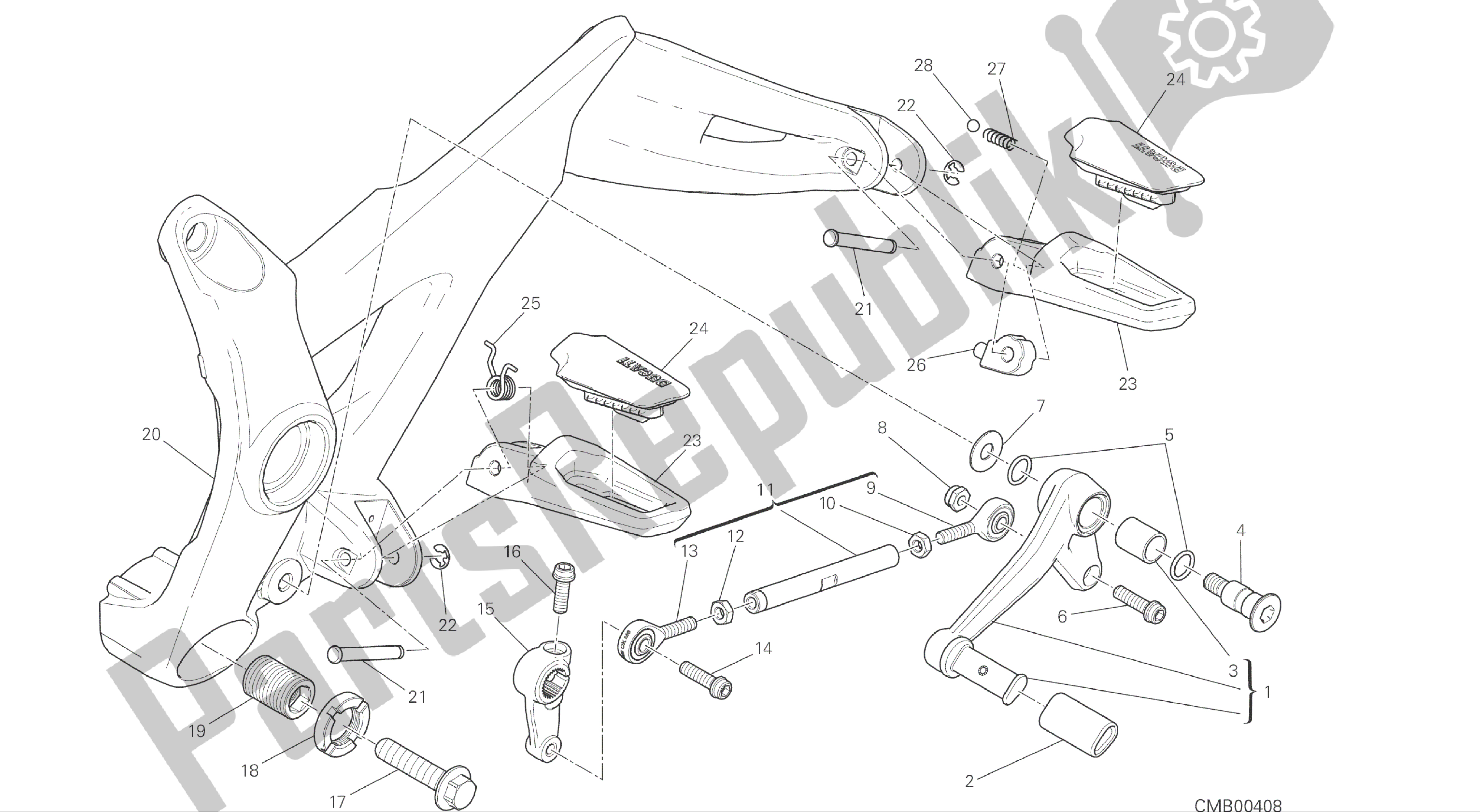 Alle onderdelen voor de Tekening 27a - Voetsteunen, Links [mod: M 821] Groepsframe van de Ducati Monster 821 2016