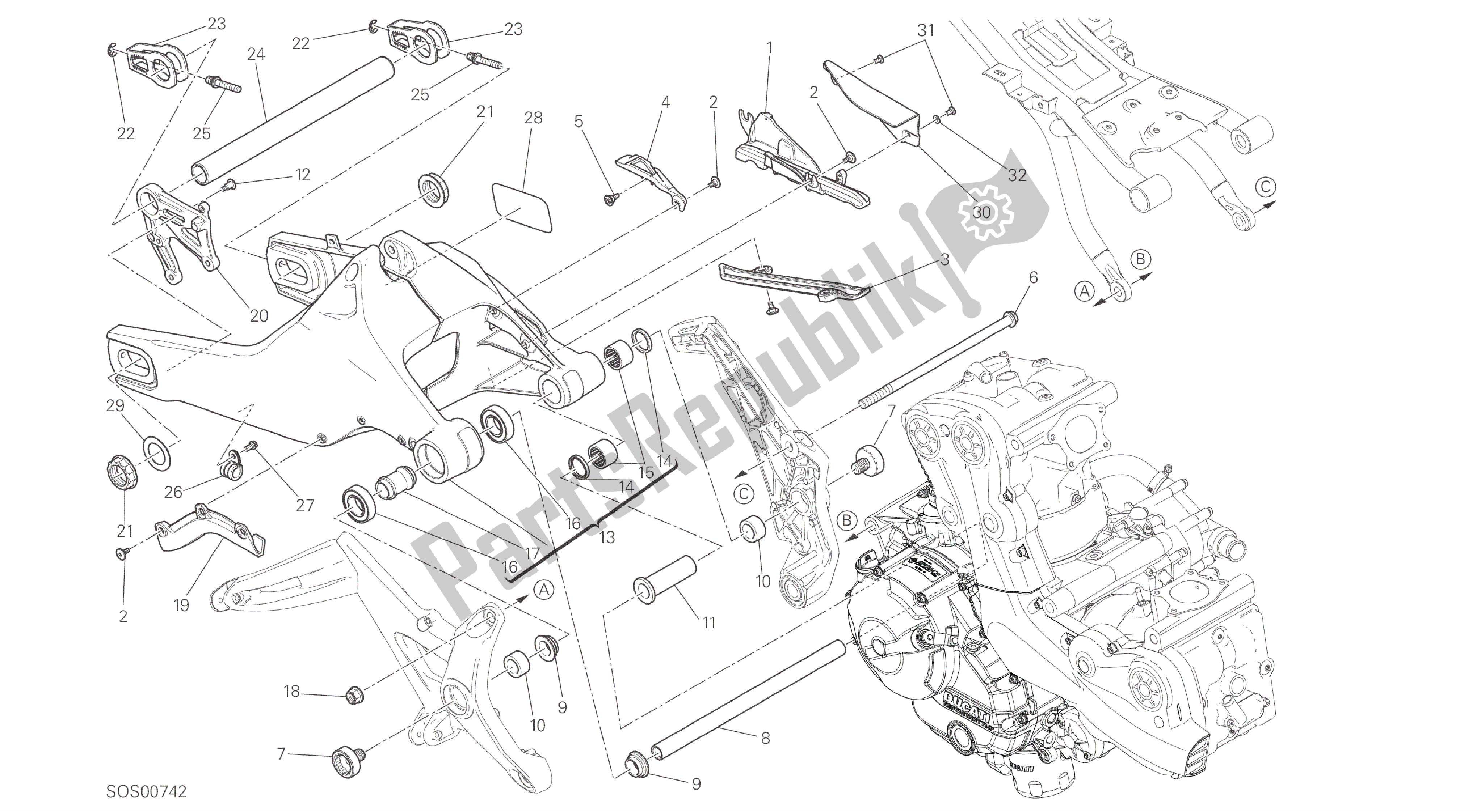 Todas as partes de Desenho 28a - Forcellone Posteriore [mod: M 821; Xst: Aus] Quadro De Grupo do Ducati Monster 821 2016