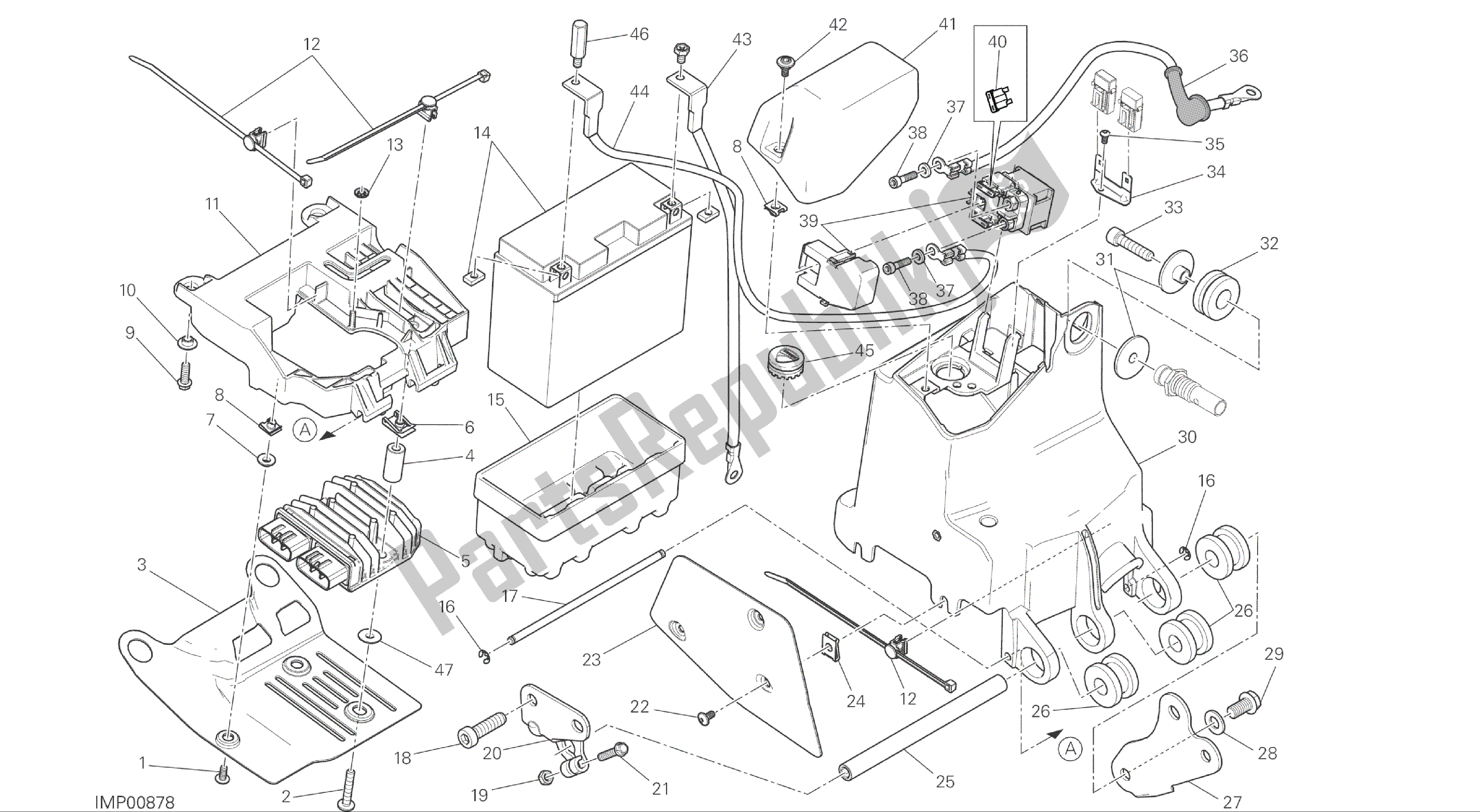 Todas las partes para Dibujo 018 - Soporte De Batería [mod: M 821] Grupo Eléctrico de Ducati Monster 821 2016